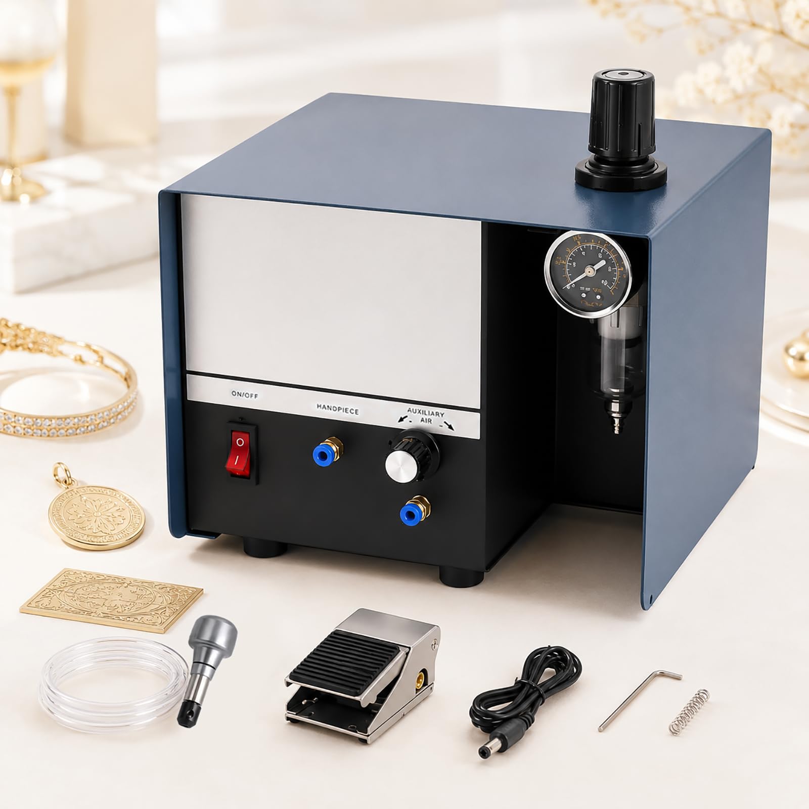 HCAUYNN Jewellery Engraving Tool Pneumatic Engraver Kit, Metal Engraving Machine with Foot Pedal & Air Pressure Control for Jewellery Making & Precision Engraving