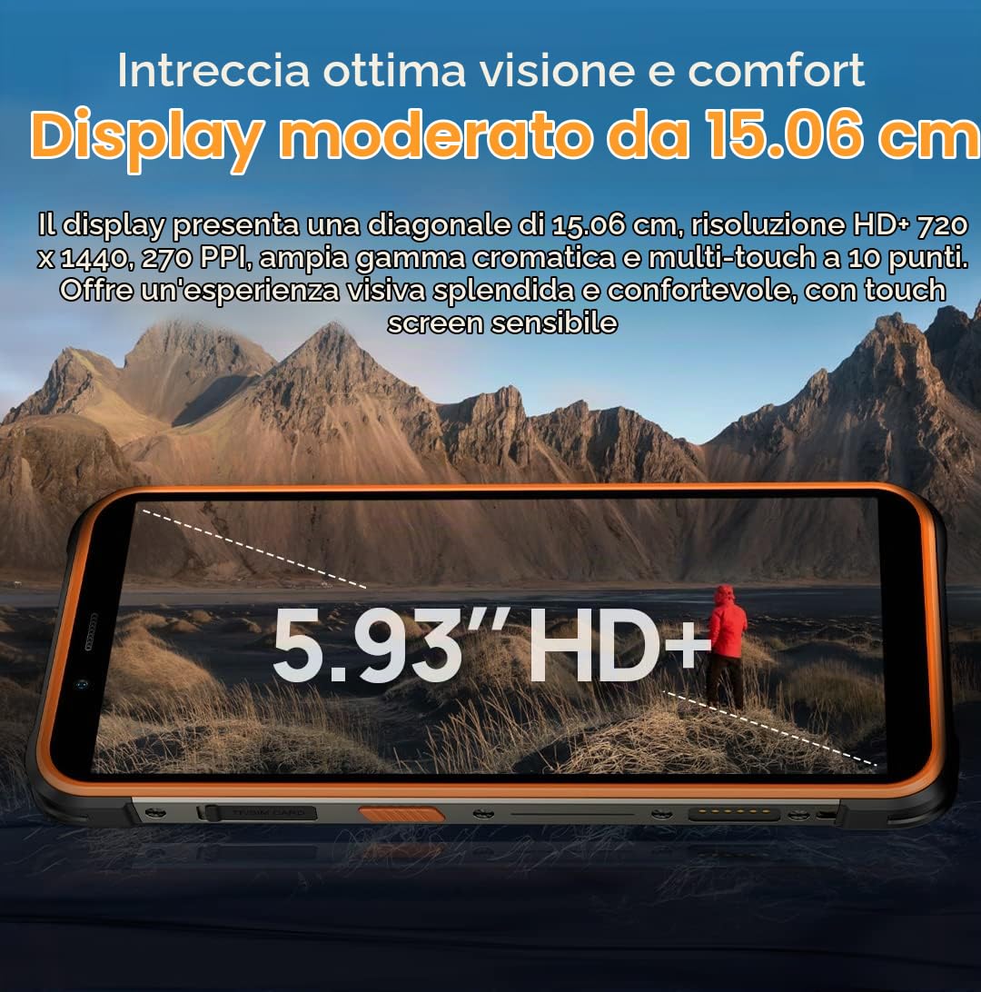 Smartphone Rugged Ulefone ARMOR 16 PRO Android 12, Altoparlante 122dB, 9600mAh Batteria, Torcia Antiriflesso, Fotocamera 16MP+8MP, 4GB+64GB, 5,93" IP68 Cellulare Robusto, Slot Per 3 Schede, Arancia