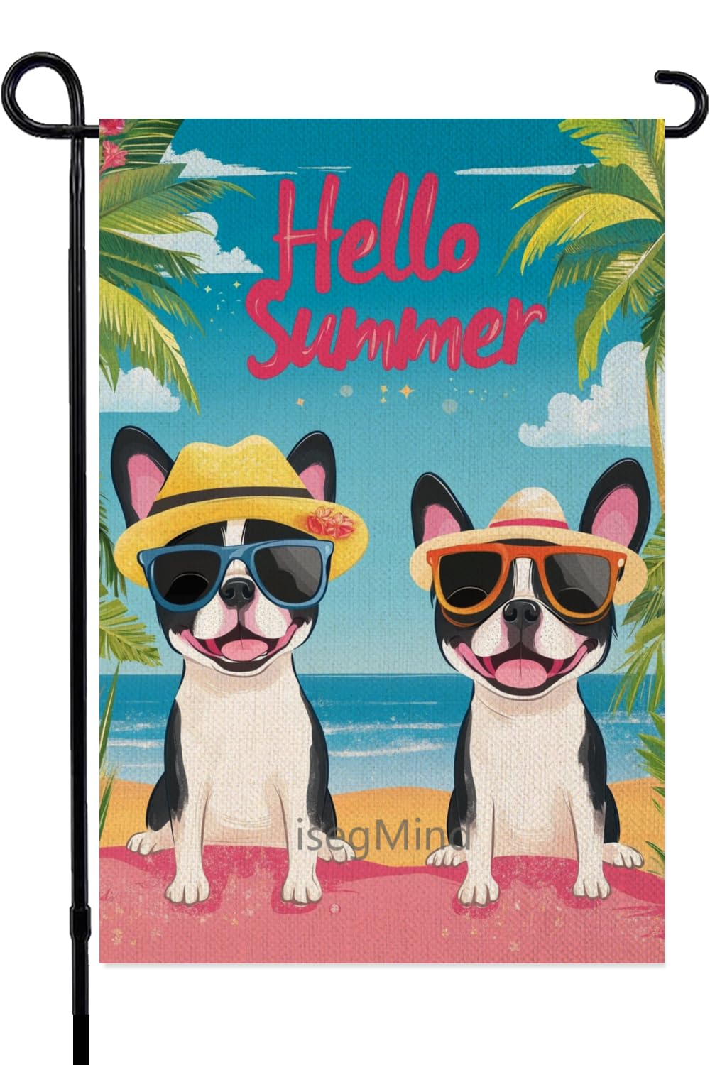 IsegMind Boston Terrier Hello Summer Garden Flag 12x18 Inch Double Sided, Welcome Seasonal Holiday Burlap Yard Outdoor Decoration Boston Terrier Decor