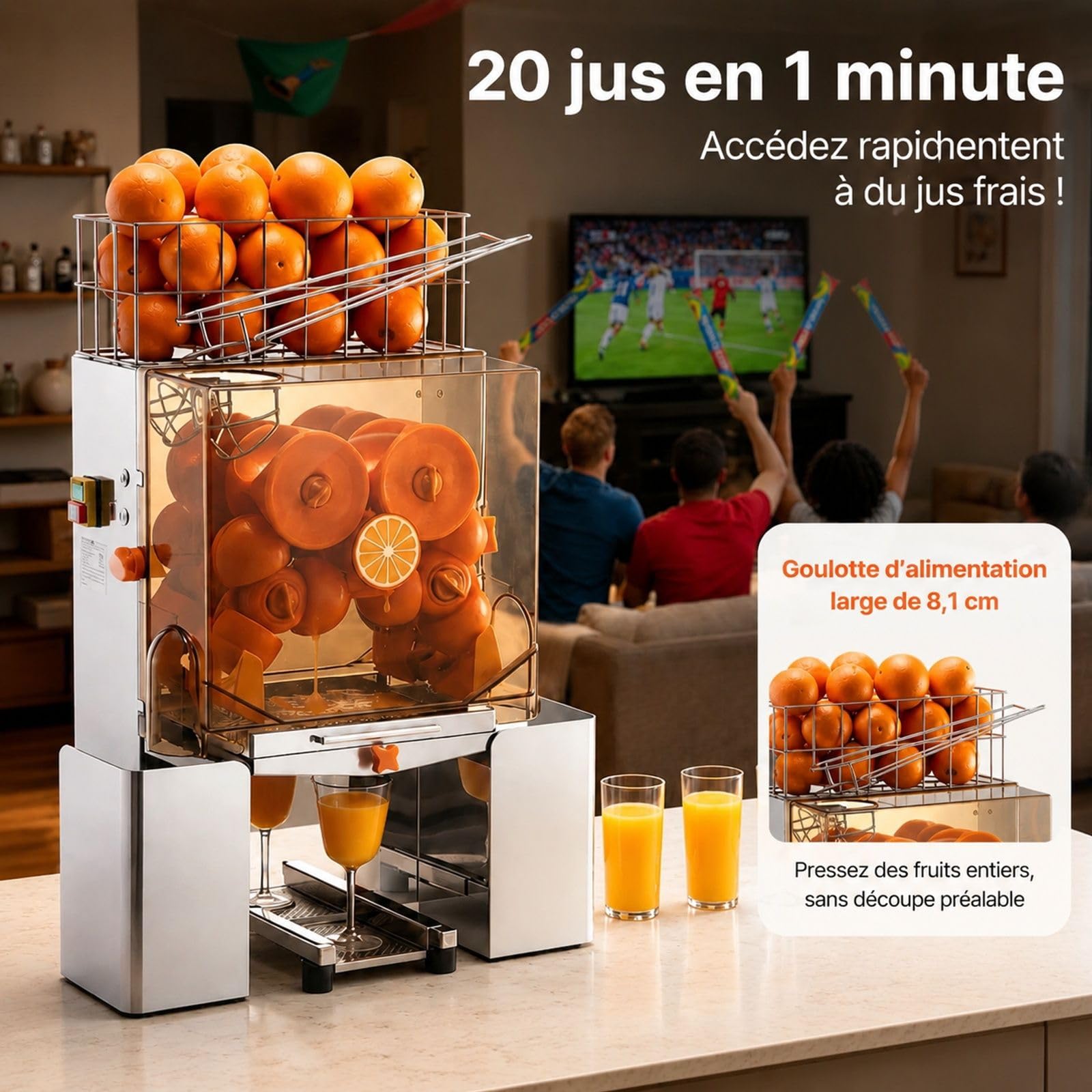 Presse-agrumes commerciale automatique 120 W en acier inoxydable, traite 20 oranges par minute, avec filtre extractible et couvercle PC