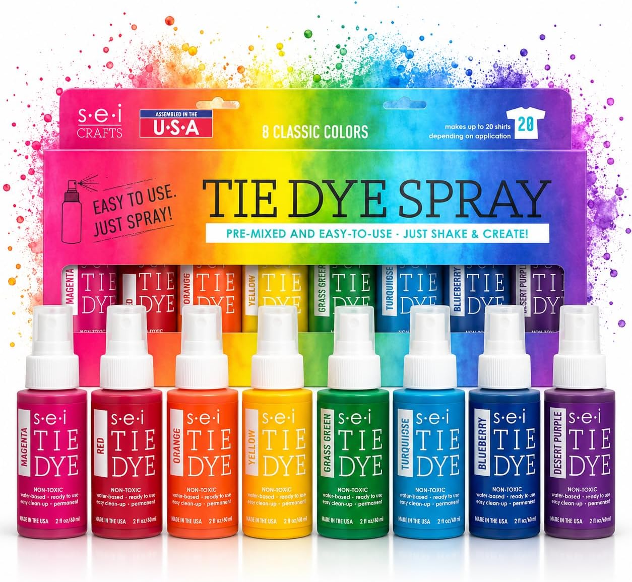 Sei Tie Dye Kit Classic, 8 Color Bulk Fabric Spray Bottles Set for Parties