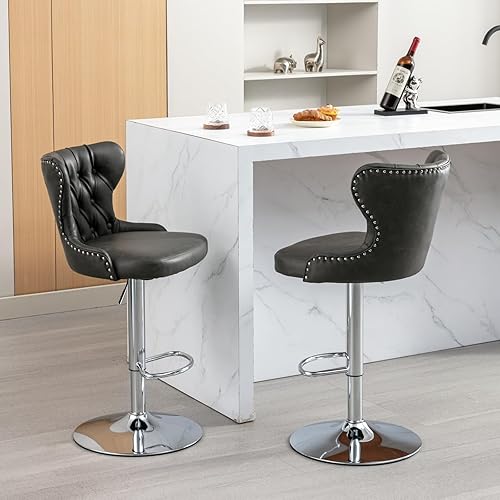 Miniatura 7 de TRIPLE TREE Juego de 2 taburetes de bar giratorios, Sillas para Barra de Cocina, taburetes de bar de piel sintética con respaldo y base plateada,