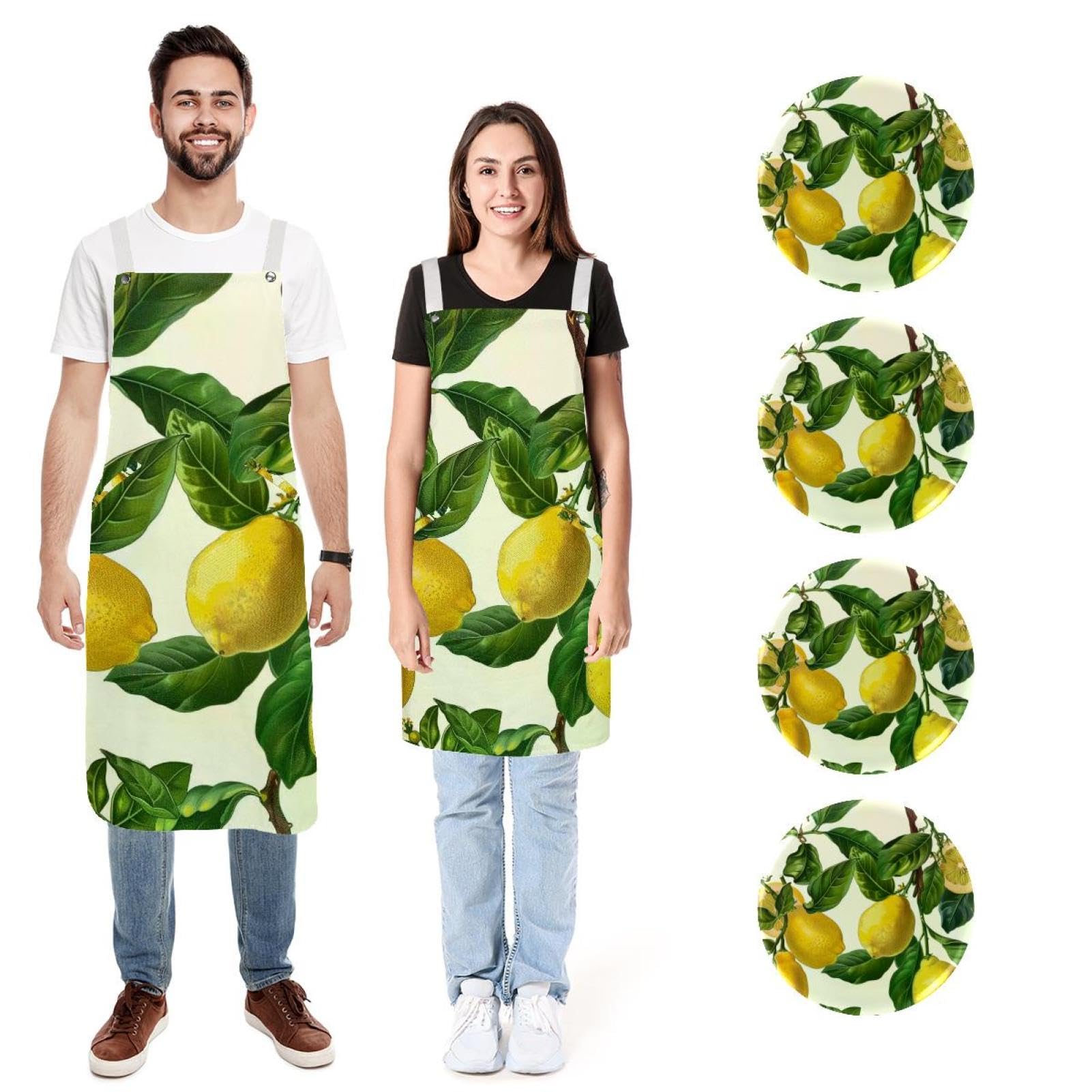 Lot de 2 tabliers de cuisine avec badge rond, peint à la main, jaune citron, résistant à l'eau avec 2 poches, tabliers de cuisine pour homme et femme, Art peint à la main jaune citron,
