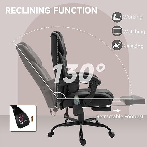 Miniatura 5 de Vinsetto Silla de oficina de masaje de respaldo alto con 6 puntos de vibración, silla de computadora reclinable de piel sintética, silla de Negro