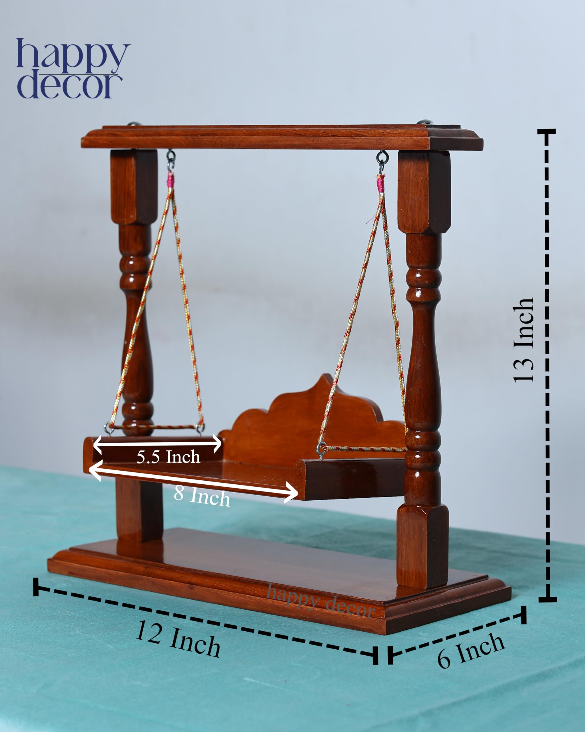 Happy Decor Wooden Laddu Gopal Jhula, Shri Krishna Jhoola for Kanha Ji Pooja Room, Premium Polished (Size:- 13"x12"x6"), Seat Size :- (8"x5.5") for 0 to 4 no bal goapl 1