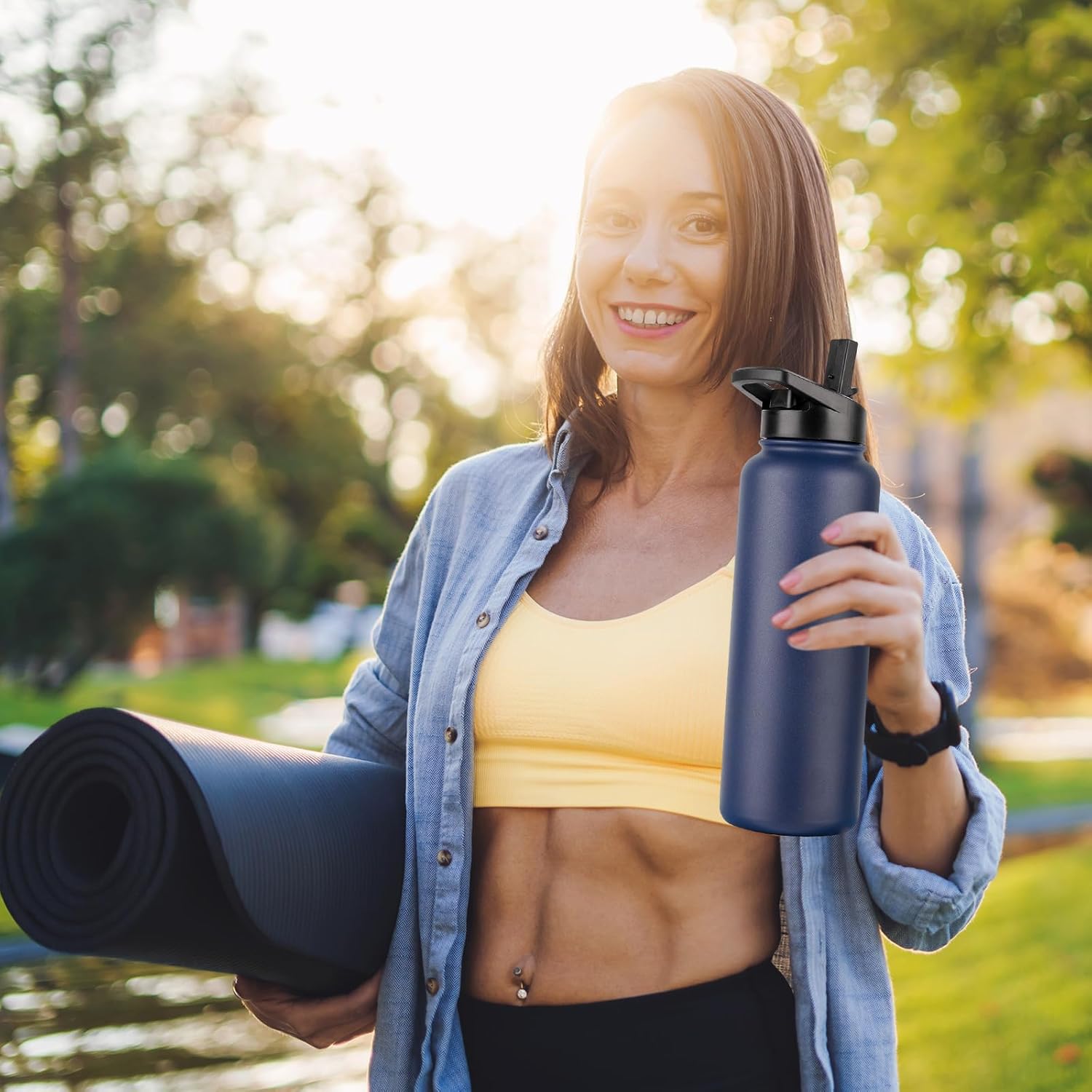 DOMICARE 40 oz Insulated Water Bottle, Vacuum Insulated Stainless Steel Sports Water Bottle with Straw Lid & Spout Lid, Leakproof, Reusable - Travel, Camping, Bike, Navy Blue - Image 7