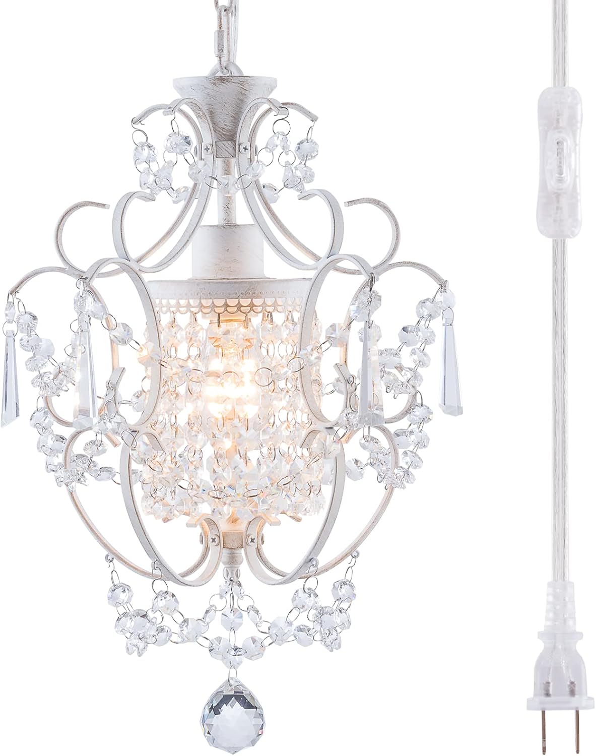 Plug in Chandelier Mini Crystal Chandelier White Retro Small Chandeliers Ceiling Light for Girls Bedroom,Farmhouse Plug in Pendant Light for Kitchen Island Bathroom Dining Room Closet