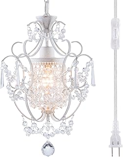 Plug in Chandelier Mini Crystal Chandelier White Retro Small Chandeliers Ceiling Light for Girls Bedroom,Farmhouse Plug in Pendant Light for Kitchen Island Bathroom Dining Room Closet