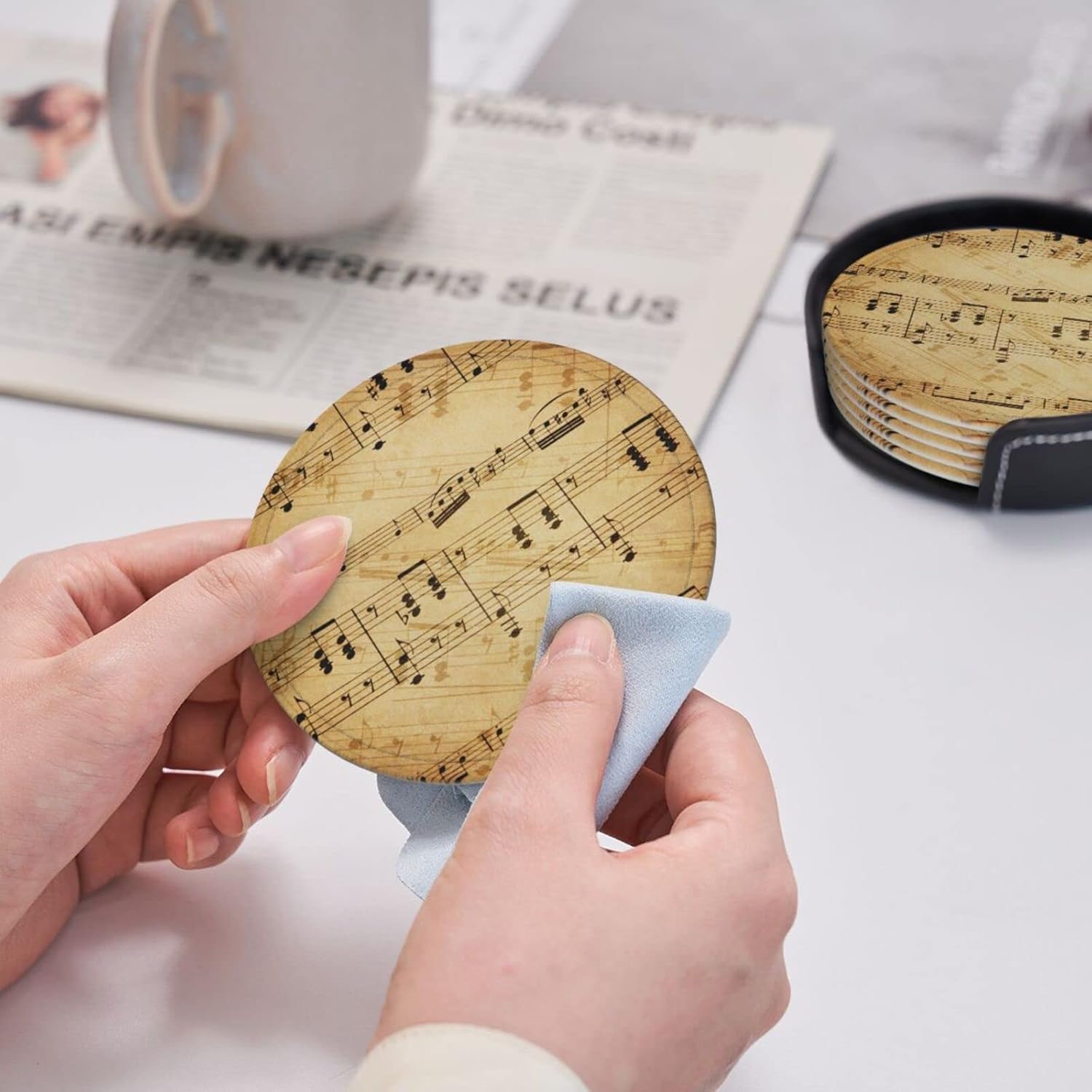 6 Pcs Leather Coasters for Drinks with Holder Retro Music Scores Coaster Sets Drink Table Cup Coasters for Kitchen Coffee Decor - Image 7