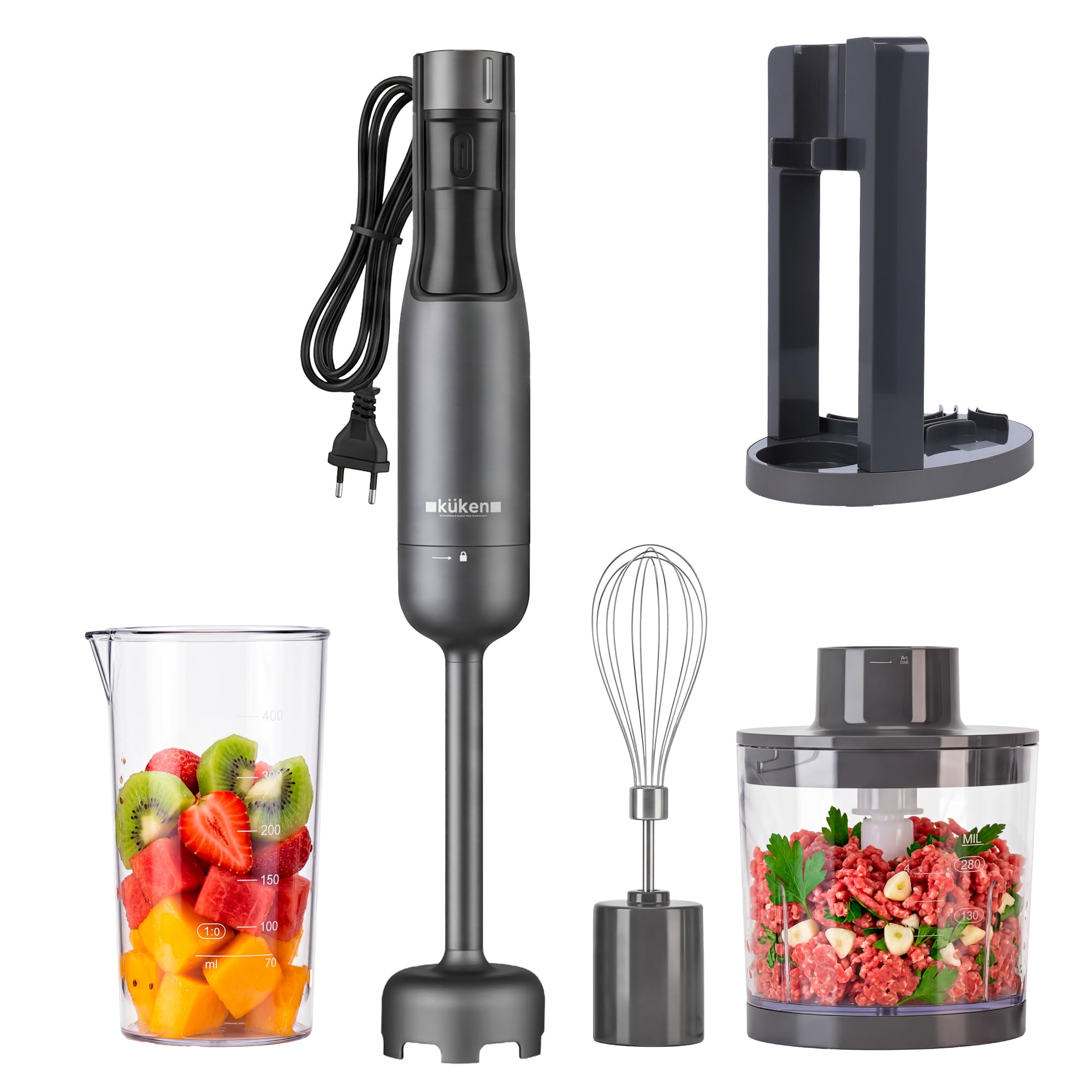 KUKEN Batidora De Mano 1000W Con Accesorios, Minipimer Profesional Con 9 Velocidades, Batidora Brazo Inox Con Pantalla LCD, Picadora, Varillas Y Vaso Graduado
