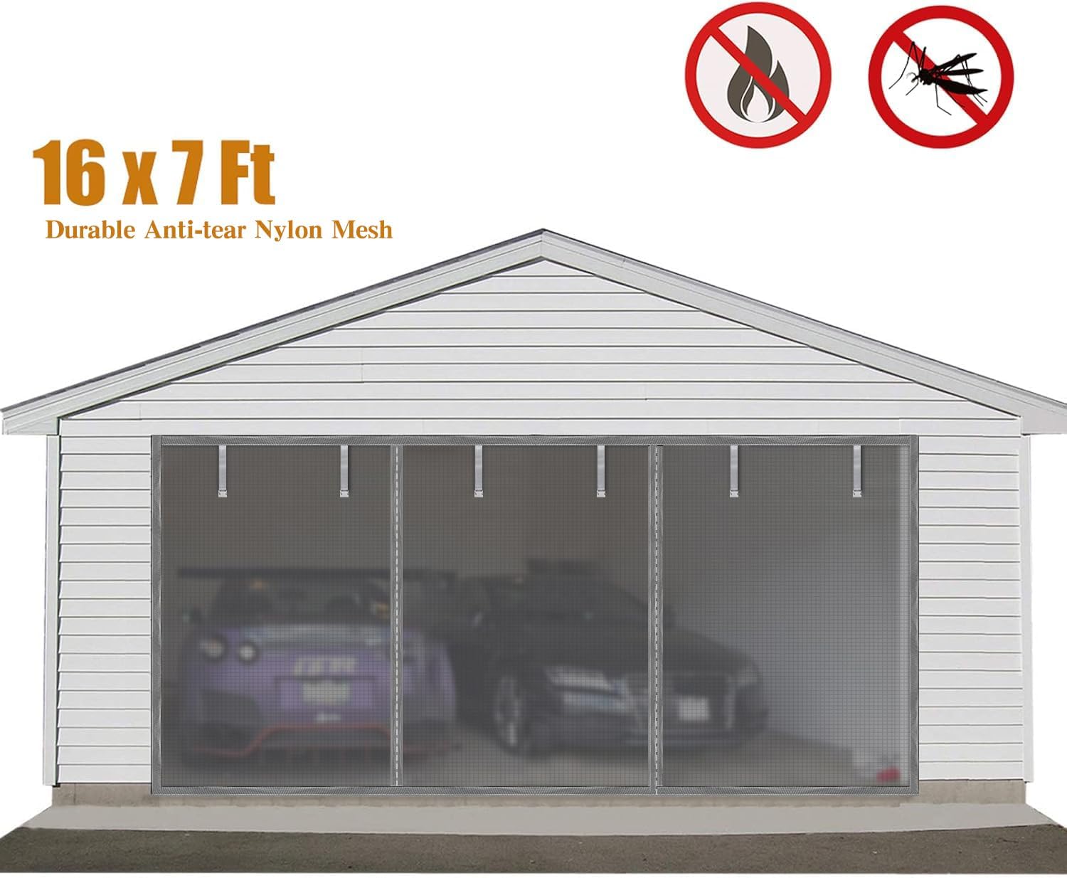 Garage Door Screen for 2 Car Garage, Sunmoxia 16x7Ft Magnetic Heavy Duty Garage Door Curtain with 6 Strapping Tapes - Durable Breathable Anti-Tear Mesh Patio Porch Privacy Curtain (Silver)