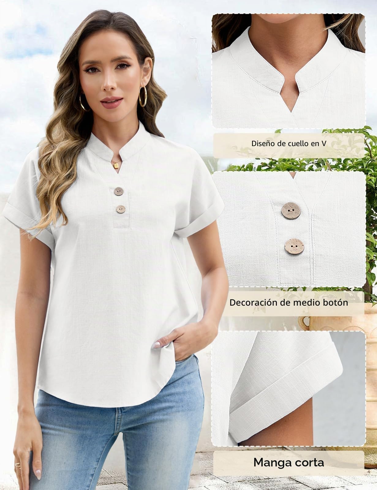 UMIPUBO Blusas Mujer Verano Manga Corta Cuello en V Camisas con Botón Elegante Camisetas Suelta Blusones Casual Básica Camisa Moda T Shirts Tunic Tops