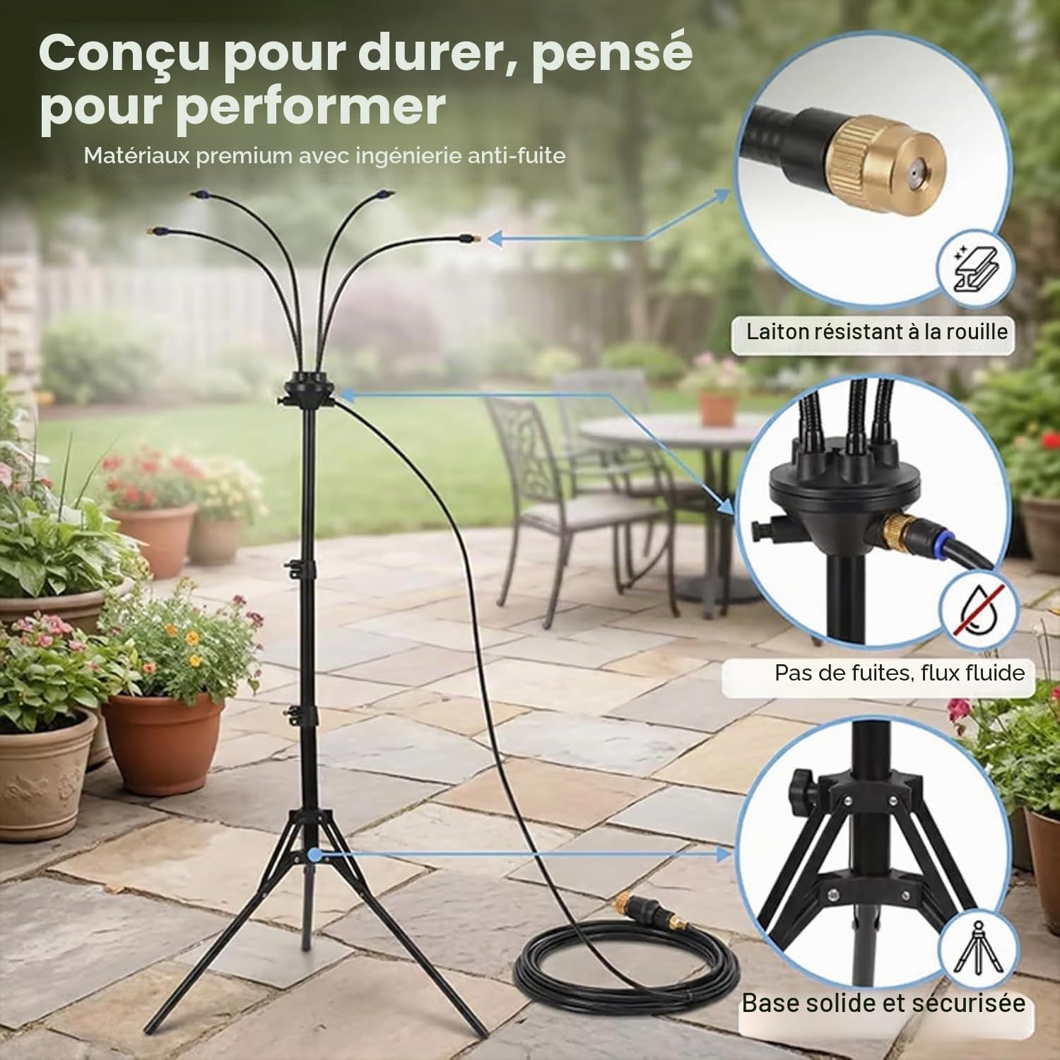 Système de brumisation extérieur réglable, Brumisateur Terrasse sur pied pour terrasse et jardin, pulvérisateur refroidissant portable avec 4 buses réglables (Noir-1PC)