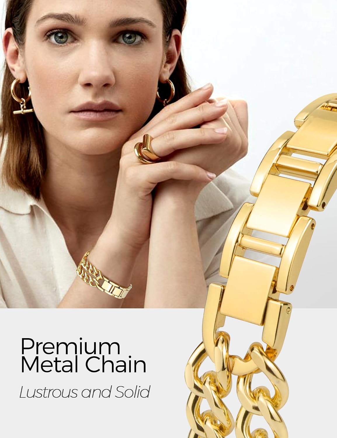 JR.DM Gold Watch Bands with case for Women Compatible with Apple Watch Band 40mm 41mm 38mm 42mm Stylish Wristband Adjustable Metal Steel Chain Bracelet for iWatch Series 10/9/8/7/6/5/4/3/2/1 SE/Ultra image 3