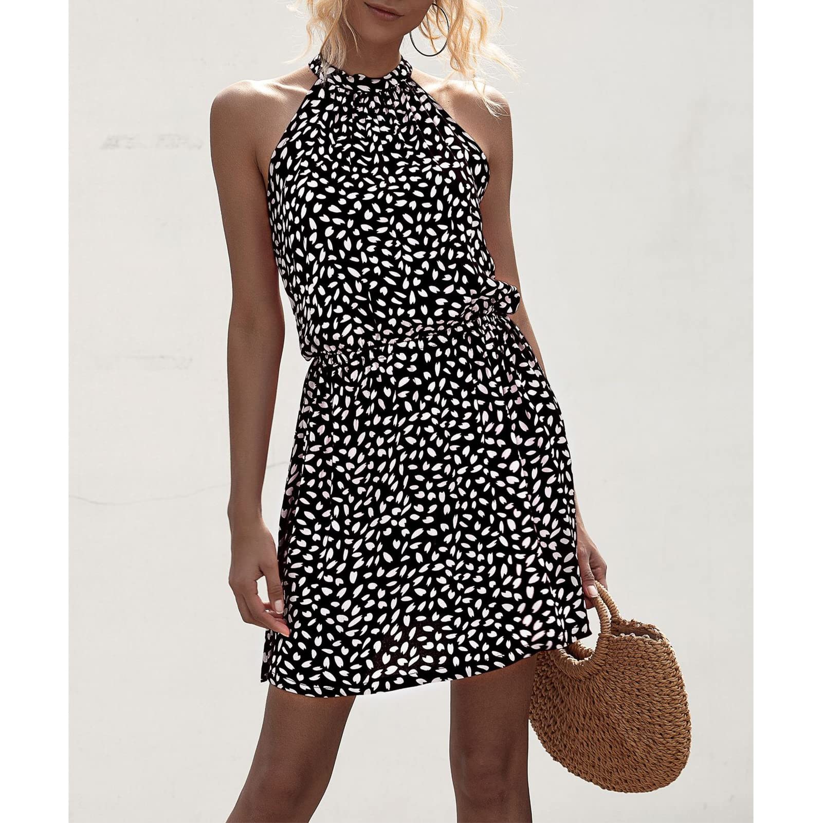 Abito Estivo da Donna Abiti Senza Maniche con Scollo all'Americana Stampa Floreale Abito da Spiaggia Bohémien Mini Abito in Cotone Abito da Cocktail al Ginocchio Abito da Spiaggia(S-Nero)
