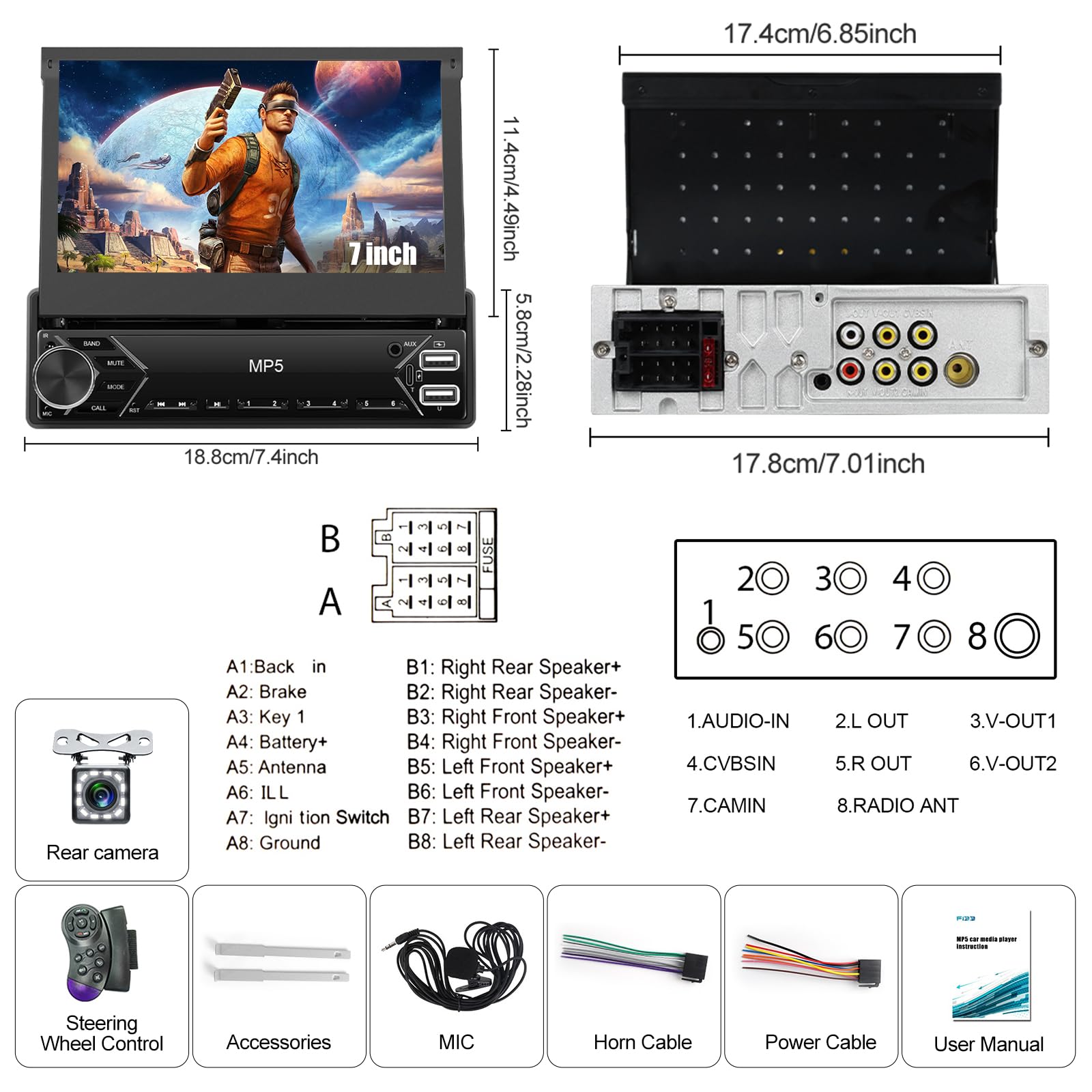 CAMECHO Autoradio 1 DIN 7 Pulgadas con Wireless Carplay, Pantalla Táctil Retráctil Manual de Radio Bluetooth con Android Auto Mirror Link FM Control del Volante USB/AUX +Cámara Trasera