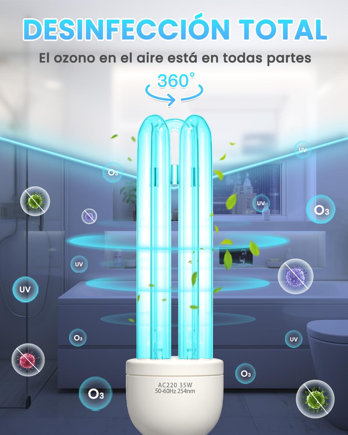 Lampara UV Desinfeccion Lampara UVC Ozono Light 35W E27 Blu-Ray con Tubo de Cuarzo Germicida Esterilizador AC 220-240V para Hogar, Escuela, Oficina Aire Fresco, UVC 254nm +O?(1 Unidad)