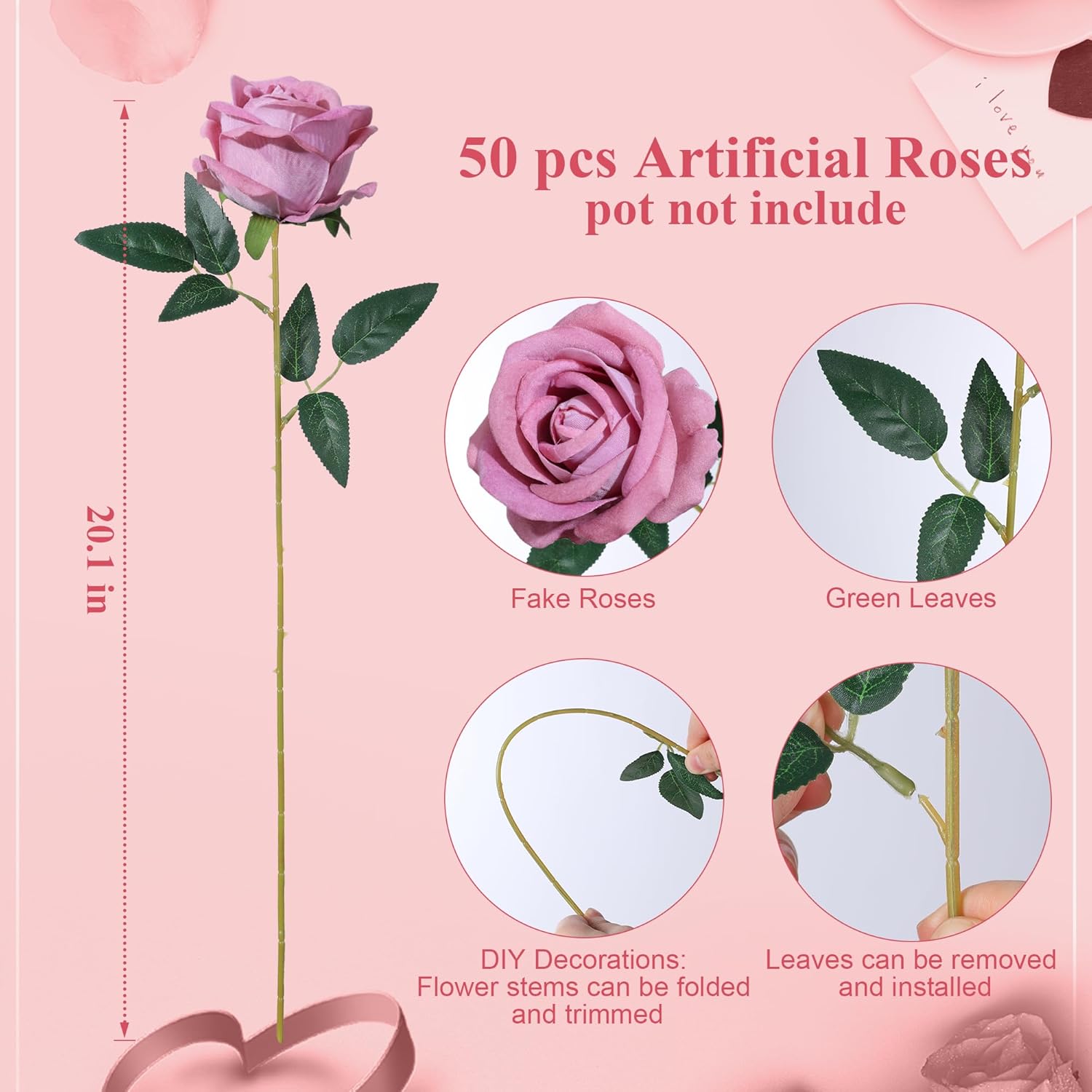 50 PCS Dusty Roses Artificial Flowers, Fake Roses with Stem Realistic Silk Roses for DIY Wedding Bouquets Tables Centerpieces Arrangements Baby Shower Birthday Home Decor Valentine's Day Gift for Her - Image 5