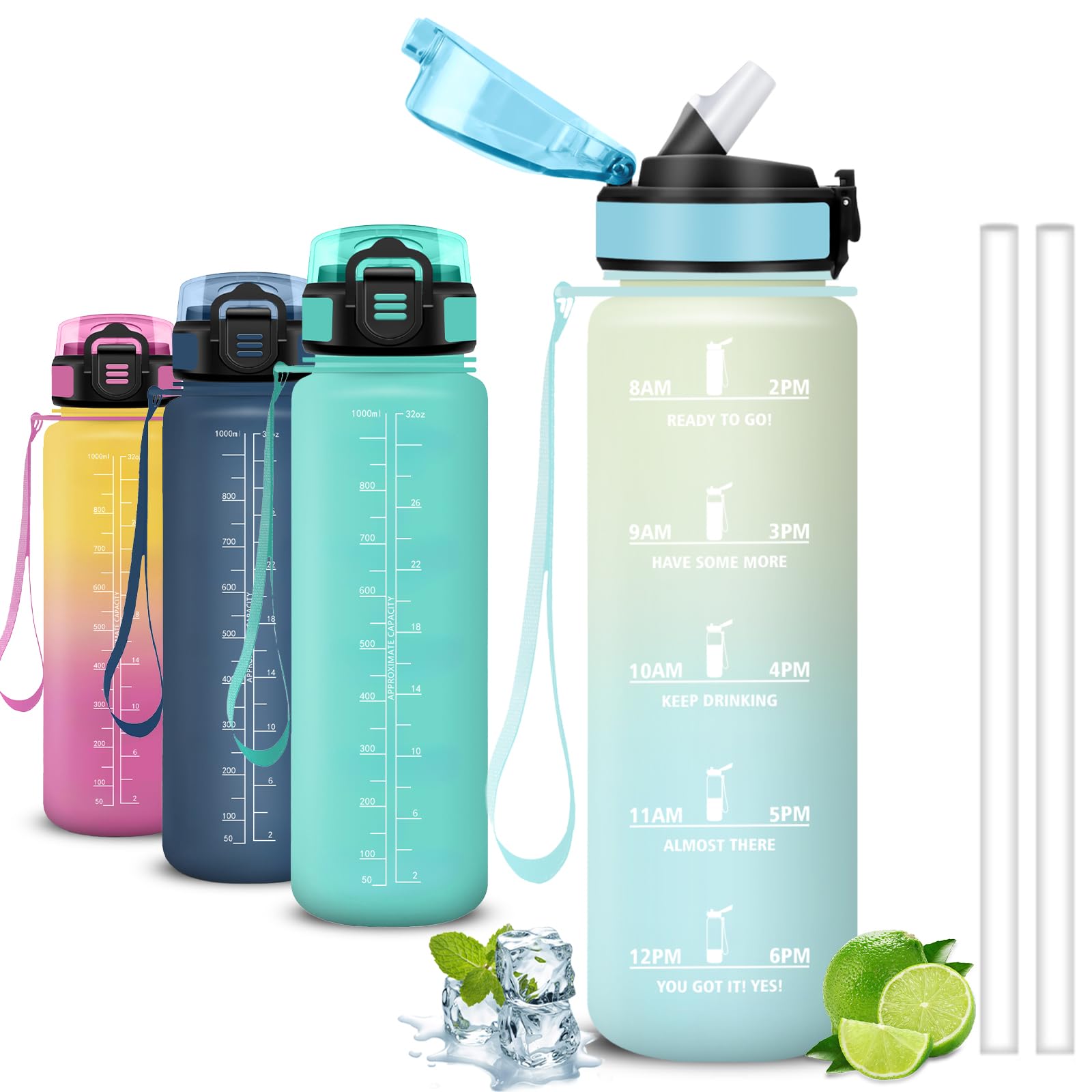 Mujigaga Borraccia 1 litro, Borraccia con Cannuccia, Senza Perdite, Borraccie Motivazionale, Facile da Pulire, Con Slogan Motivazionale, Water Bottle per Fitness, Ciclismo, Trekking, Nuotare