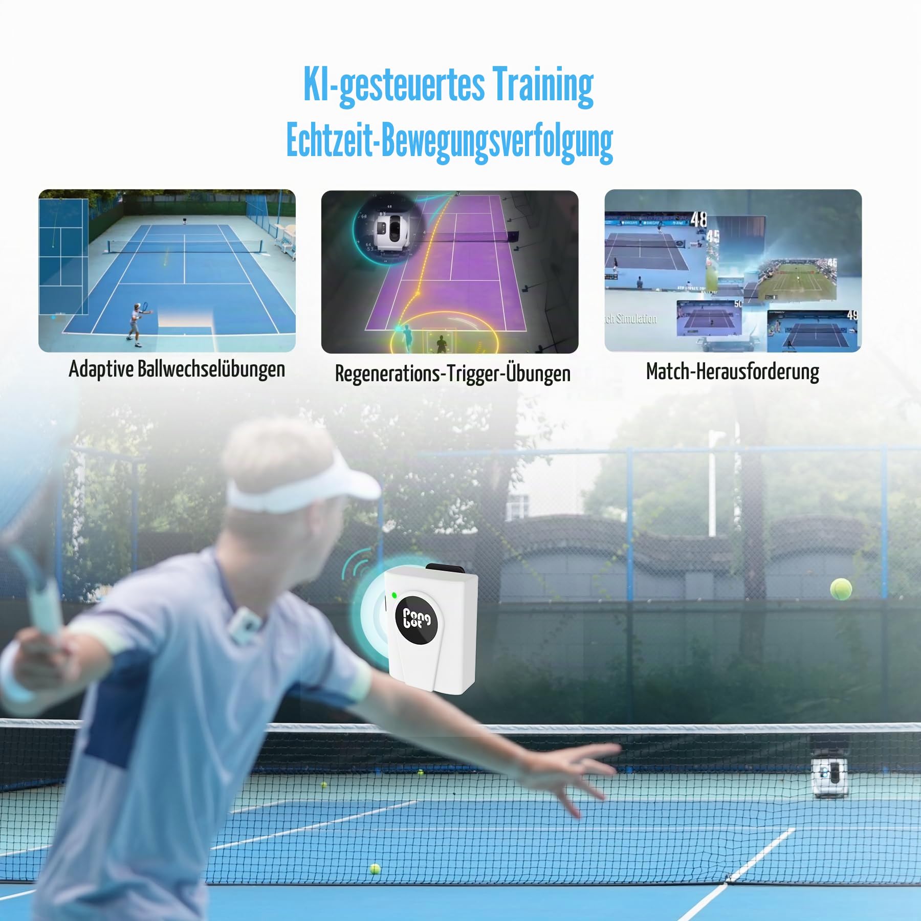 PONGBOT Tennisball-Maschine, App und Fernbedienung, benutzerdefinierte Bohrer, 150 Bälle, max. 80 km/h, 8+ Stunden Ausdauer, Dual-Motor für Topspin und Backspin