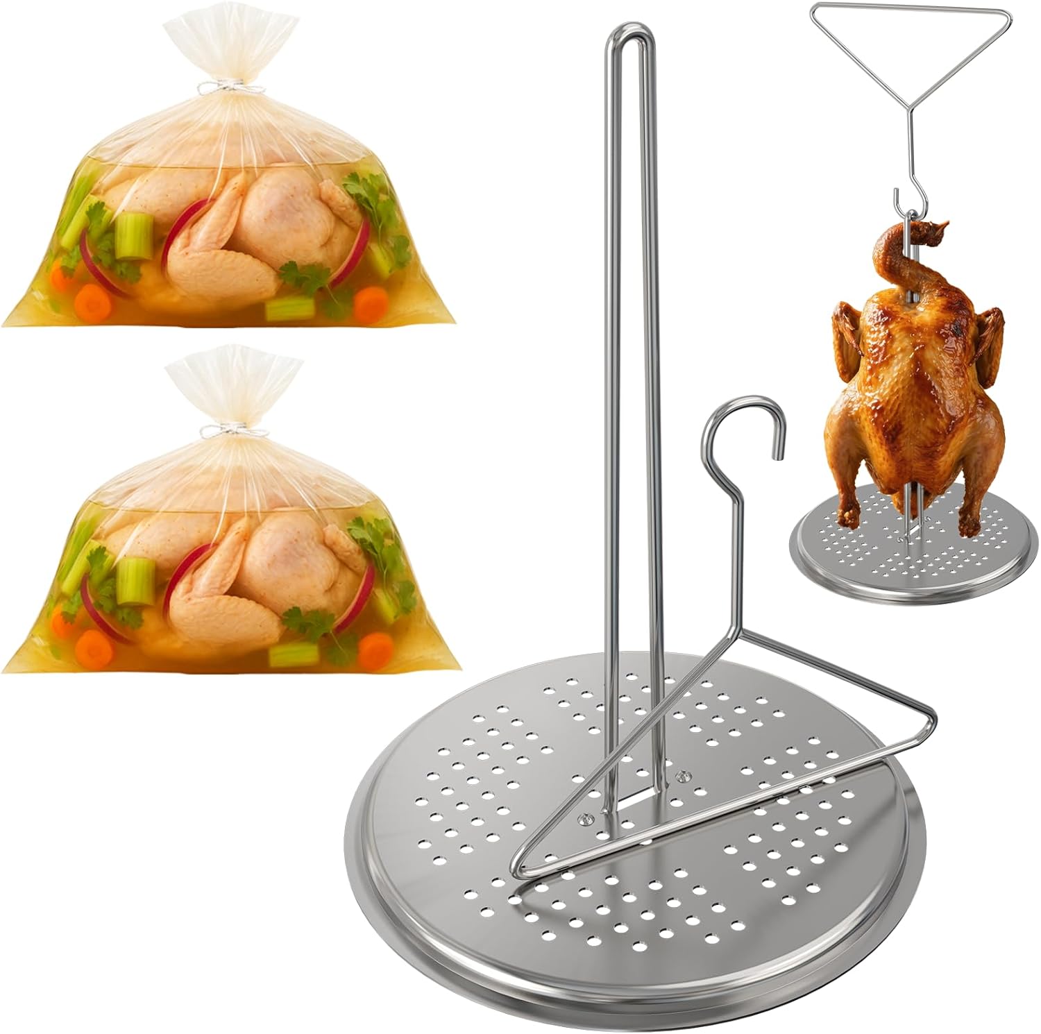 Turkey Deep Fryer Accessories for Deep Fry Pot Grill BBQ, Thanksgiving Turkey Brine Bag for Turkey, Chicken, Beef, Pork, Stainless Steel Turkey Fryer Hanger Poultry Rack & 26"×22" Turkey Brining Bags