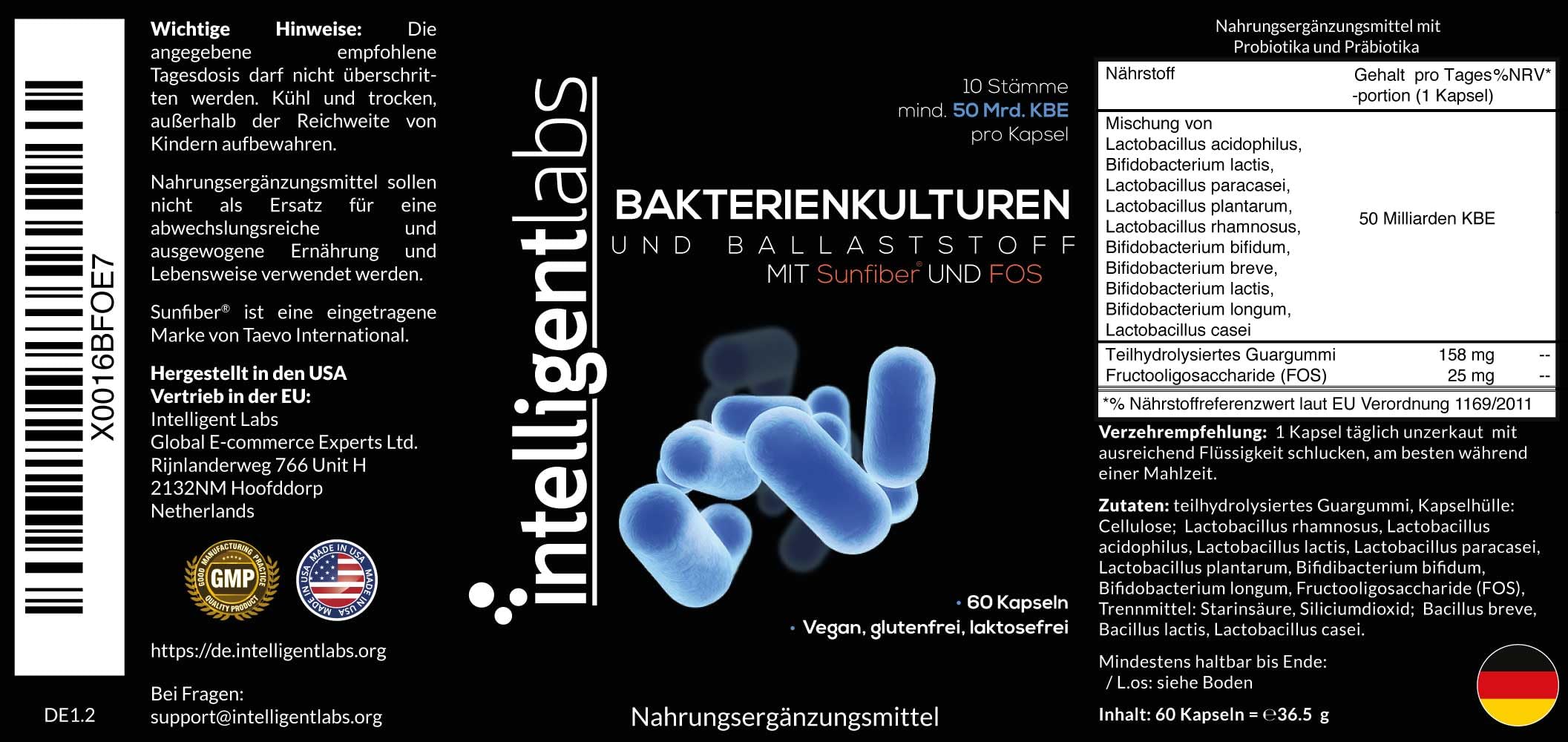 Intelligent Labs 50 Milliarden KBE Probiotikum mit Präbiotika, keine Kühlung erforderlich, mit Sunfiber und FOS für 10x mehr Effektivität, Vorrat für 60 Tage