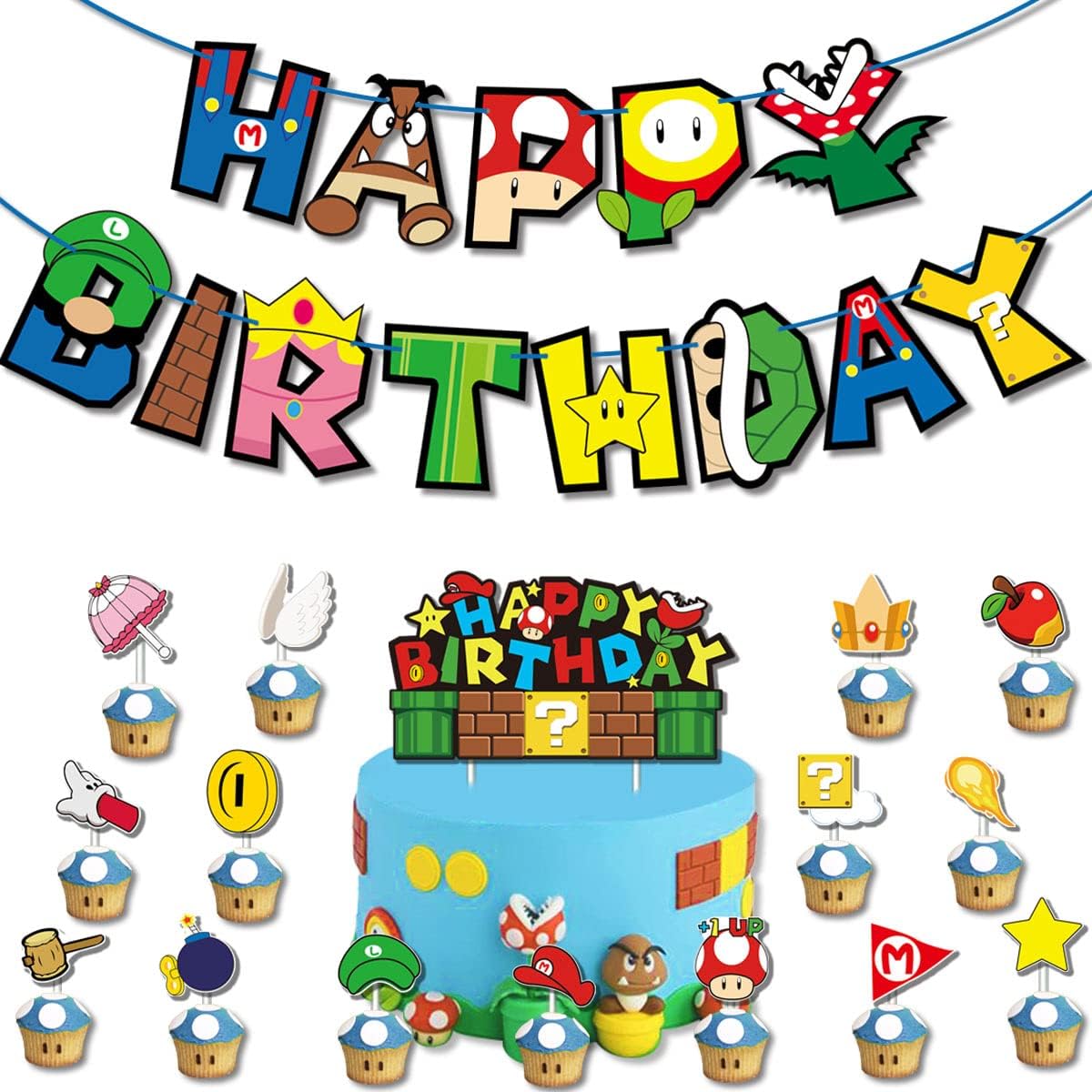 Fits For Super Mario Birthday Party Decorations,Video game theme Cake Cupcake Toppers Decorations for Boy Super Brother Adventure Theme Happy Birthday Banner Party Supplies
