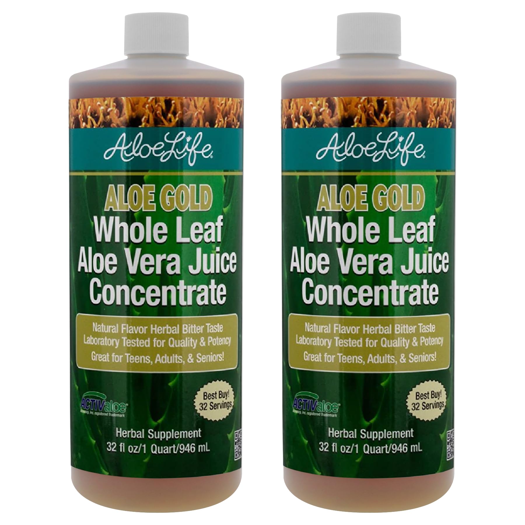 Whole Leaf Aloe Vera Juice, Certified Organic with Trace Minerals, Gluten-Free (Aloe Gold 32 oz 2-Pack)
