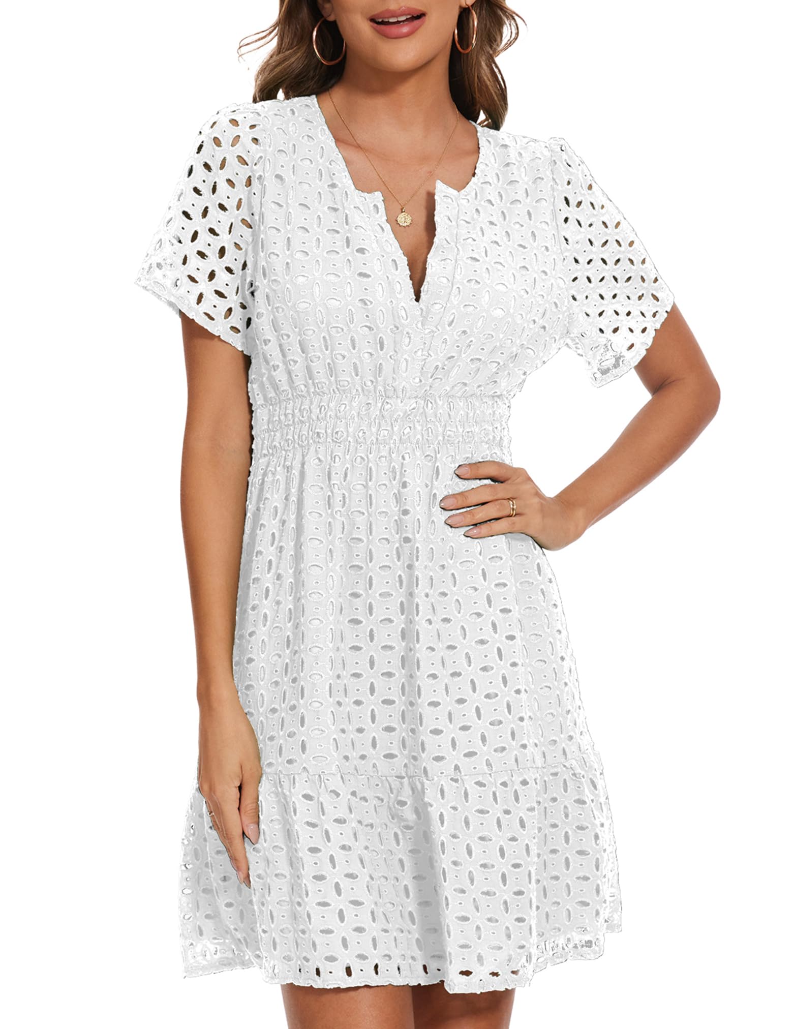 Women Summer Eyelet Lace Dress Casual V Neck Mini A Line Hollow Out Embroidered Formal Dress Sundresses
