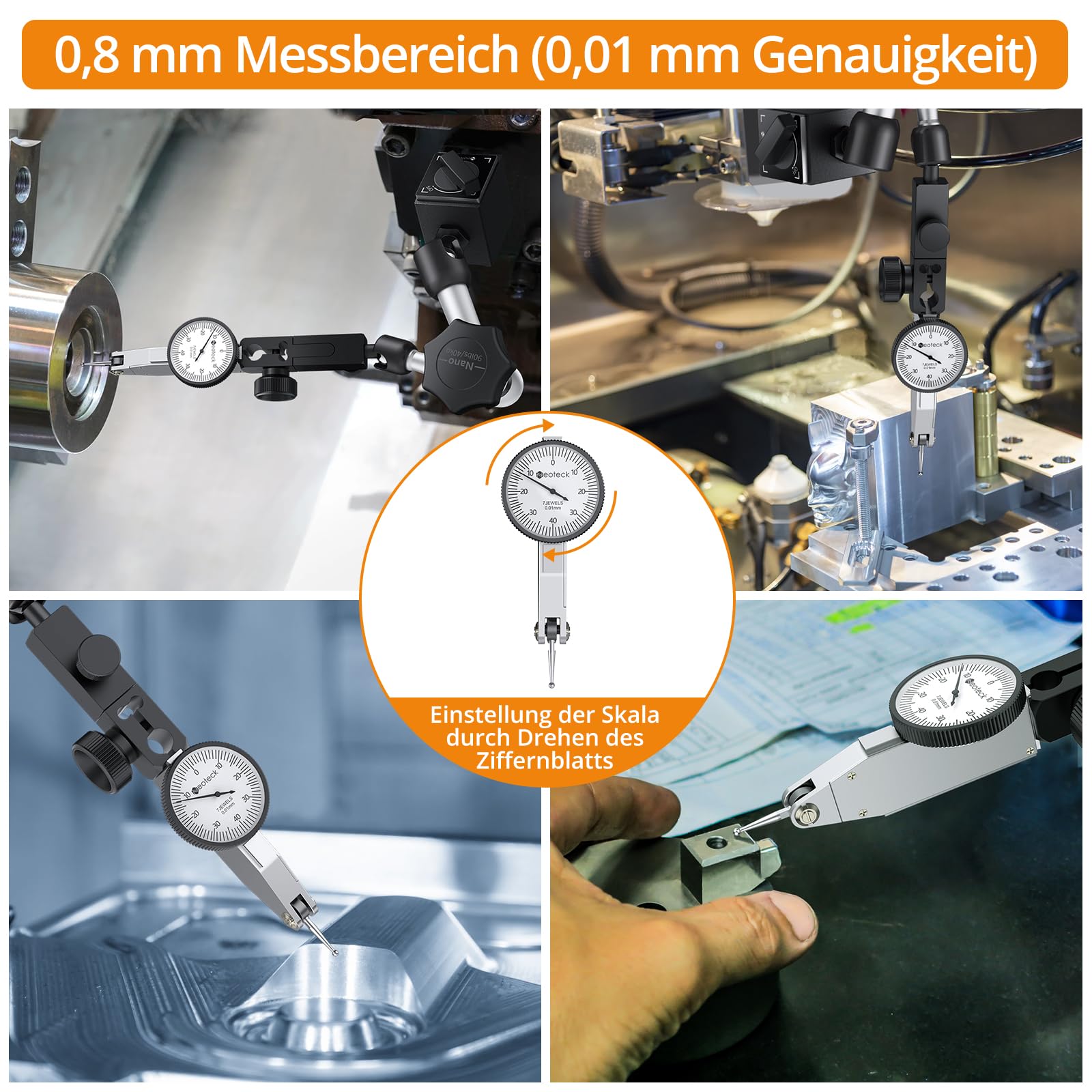 Neoteck Hebel Messuhr mit Magnetstativ Magnetfuß Messtaster 0-0,8 mm Genauigkeit 0,01 mm, Zentralklemmung Messuhrhalte für Messuhr