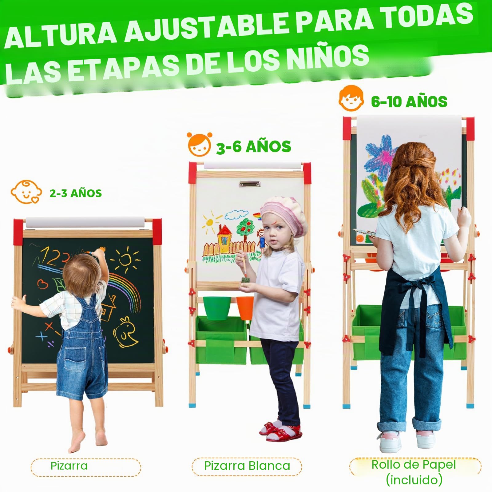 Caballete para Niños 3en1,Caballete Pintura Niños de Altura Ajustable. Pizarra para Niños con Rollo de Papel,Pinceles, Números y Letras,Bolsa de Almacenamiento.Regalos para kids Mayores de 3 Años