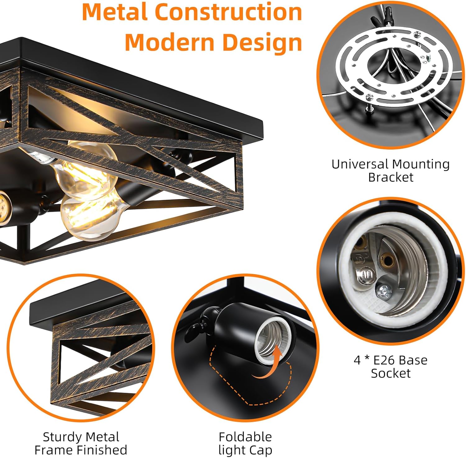 Farmhouse Rustic Ceiling Light for Kitchen, 4-Light Hallway Flush Mount Light Fixtures Ceiling Mount, Industrial Metal Cage Ceiling Light for Farmhouse,Kitchen,Hallway E26 Base (1 Pack 13in)