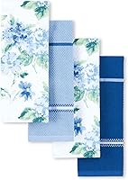 Martha Stewart Amber Floral 100% Cotton Kitchen Towel Set 4-Pack, Blue/Green 16x28 - Absorbent Terry Back, Stylish Watercolor Design