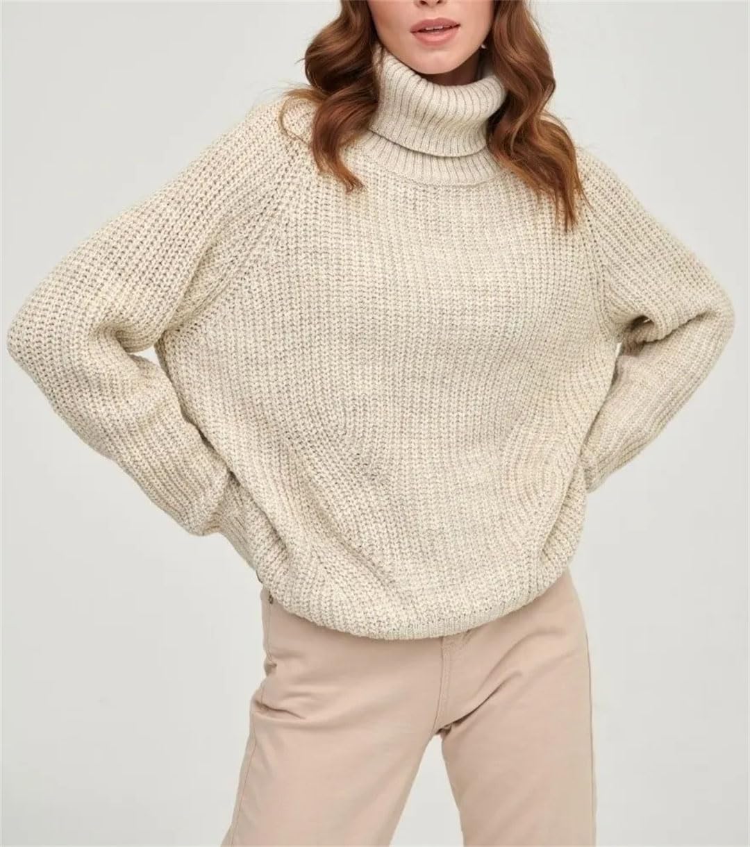 Maglione da donna a collo alto lavorato a maglia, maglione oversize a maniche lunghe
