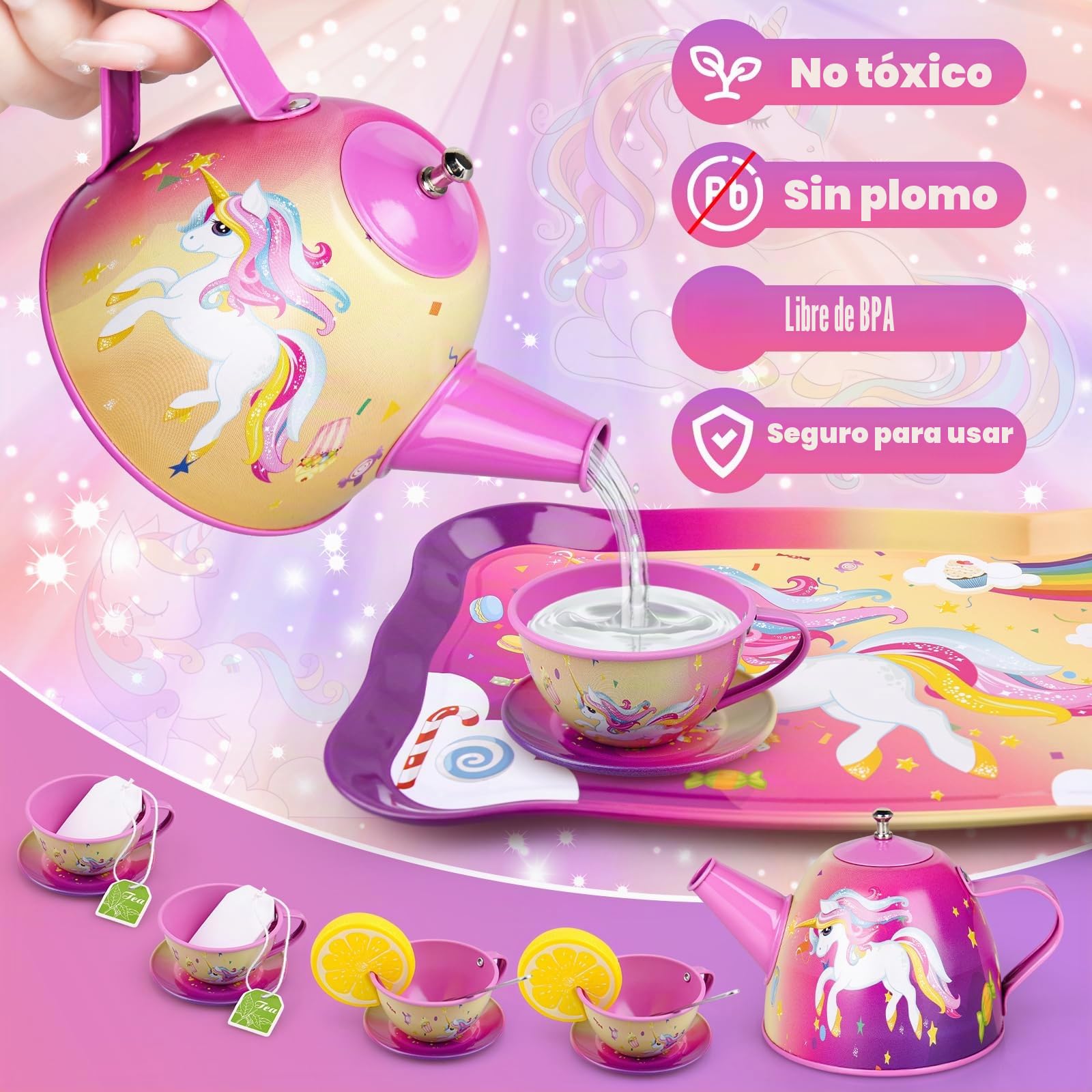 Juego De Té Infantil Juguete Postre Cocina Juguetes Juegos de Simulación Té Infantil para Niñas 3 4 5 6 7 8 Años (Unicornio)