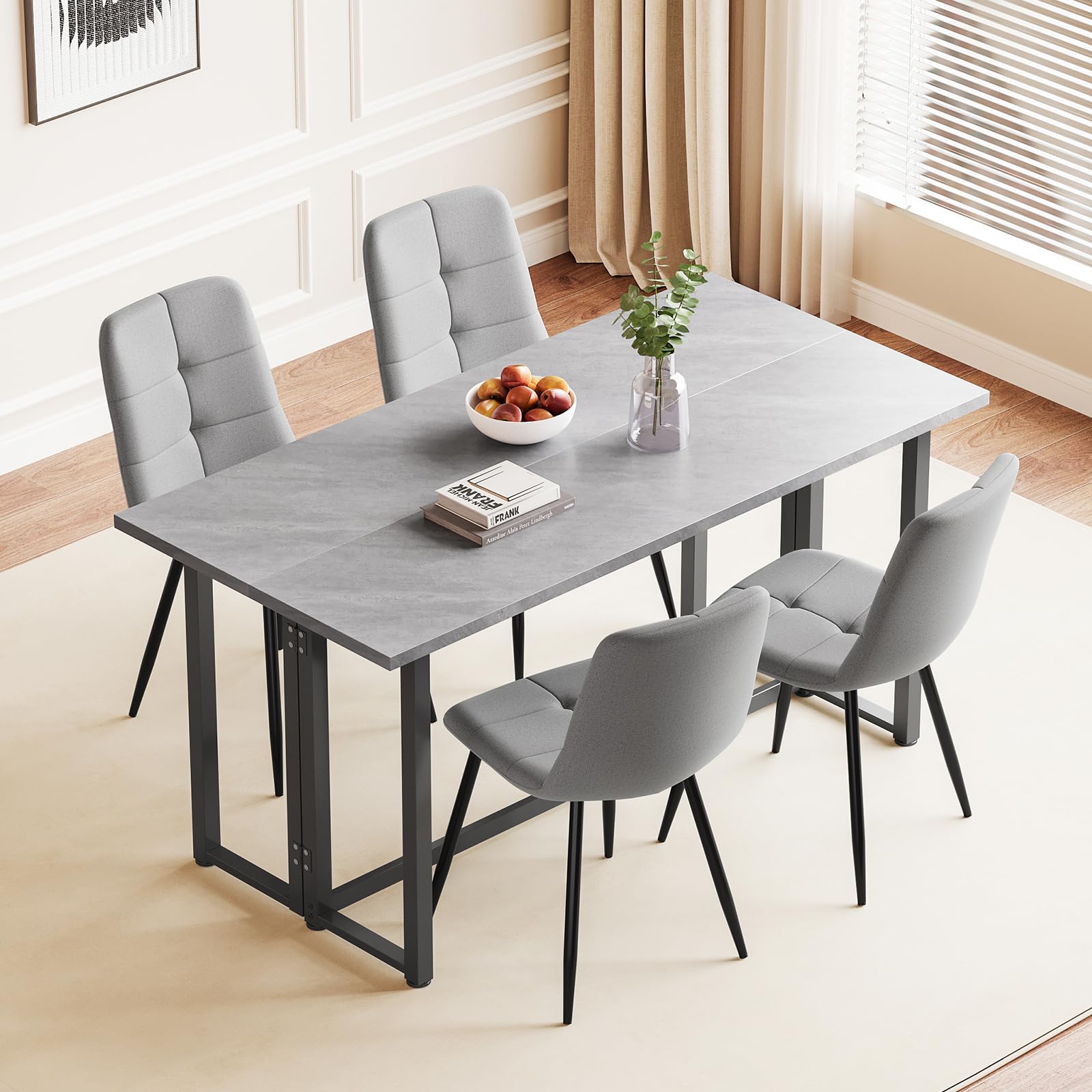Luxstein Extendable Dining Table and Chairs Set 4, Grey Folding Table with Upholstered 4 Grey Fabric Chairs for Dining Room,Kitchen