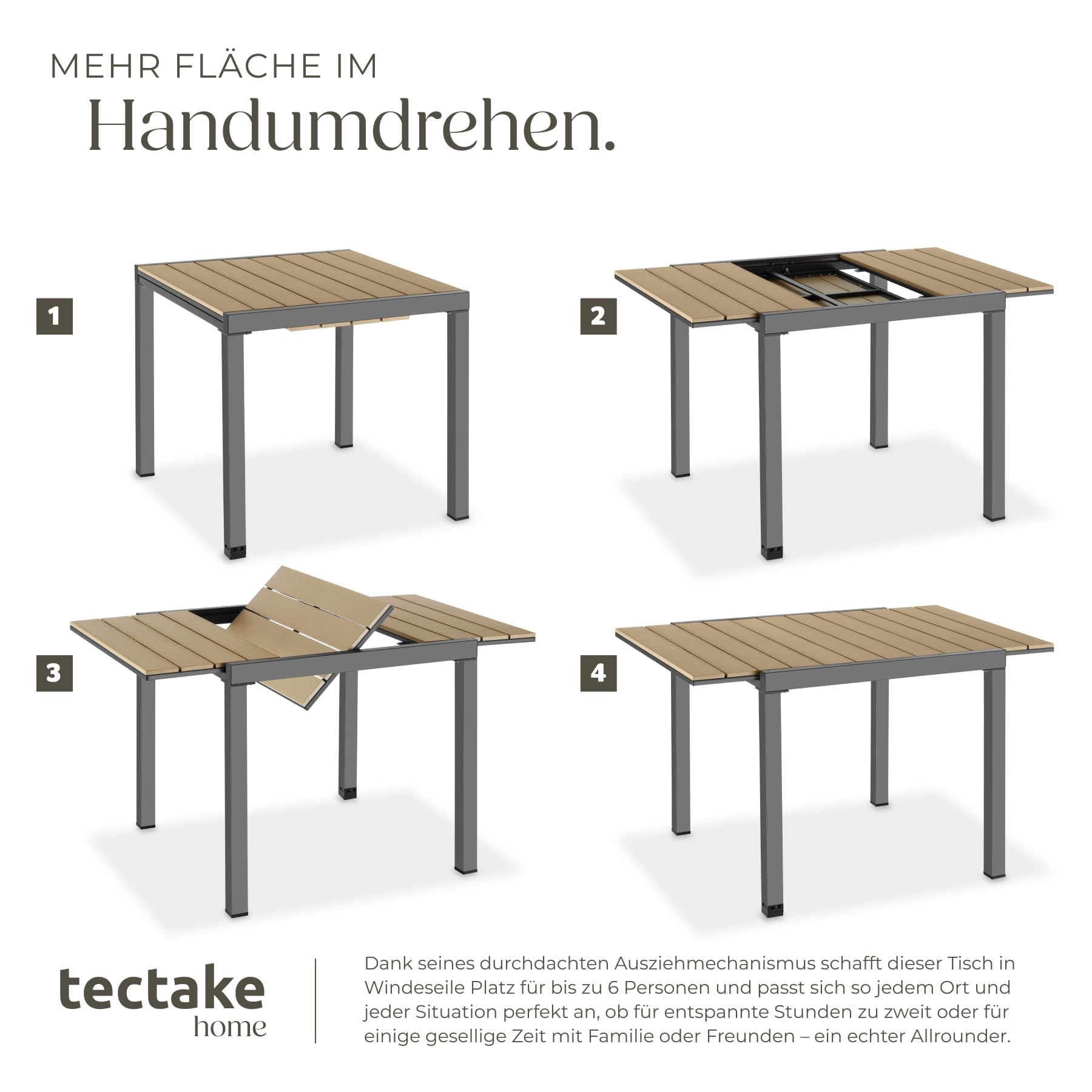TecTake® Aluminium Gartentisch für 4-6 Personen, 80–120 x 80 x 74 cm, ausziehbar, Garten Tisch Holzoptik, Outdoor wetterfest, Gartenmöbel, Esstisch Terrasse - schwarz/braun