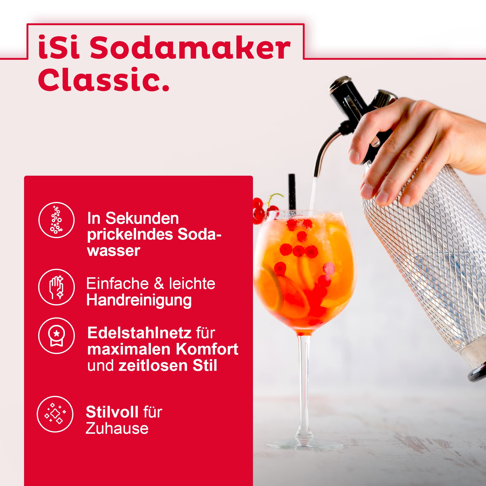 ISI Soda Maker Classic 1L inkl. 6 x 10 CO2 Kapseln für Soda & Sprudel - Vintage Wassersprudler Set aus PEN-Flasche mit 100% Edelstahlgewebe + CO2 Kartuschen - Wasser Sprudler - Bar Zubehör