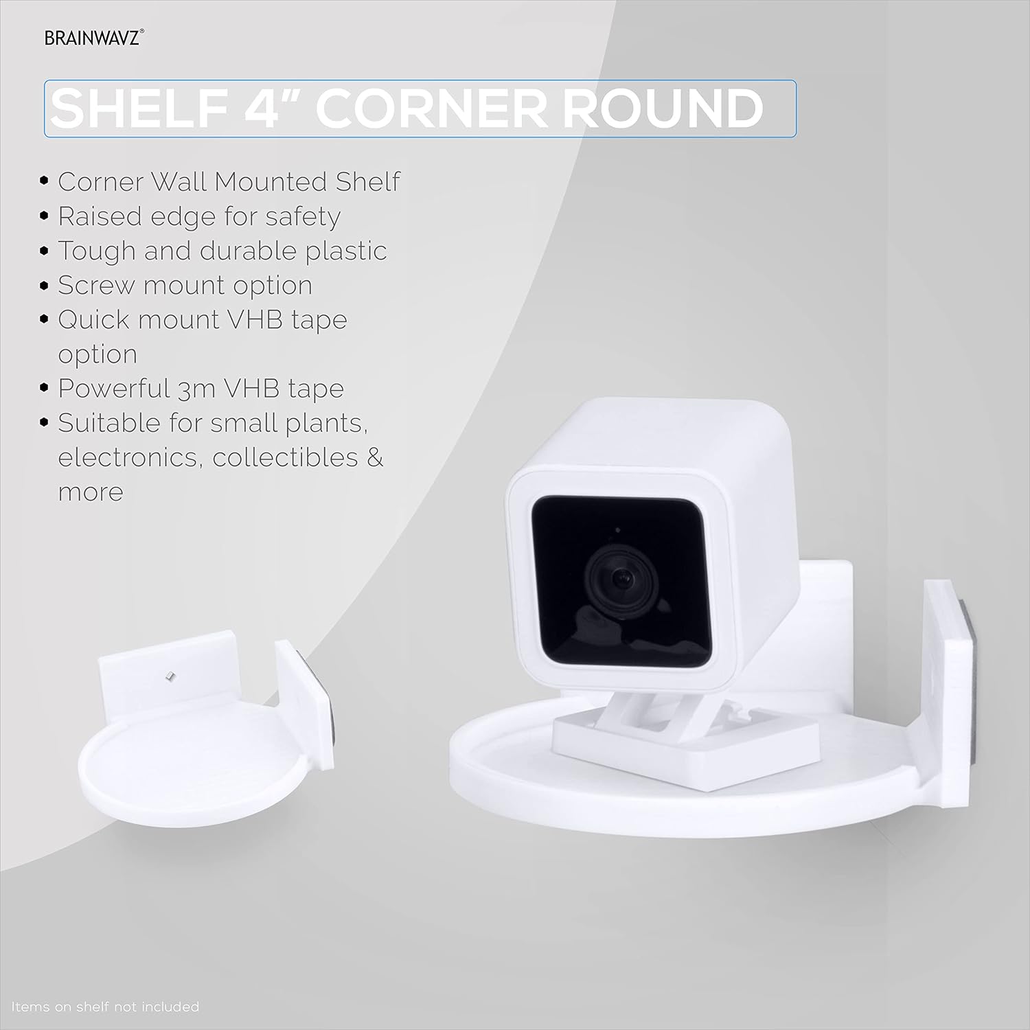 BRAINWAVZ 4” Small Floating Shelf, Adhesive & Screw in, for Bluetooth Speakers, Cameras, Plants, Toys, Books & More, Easy to Install Shelves Wall Mount (White)