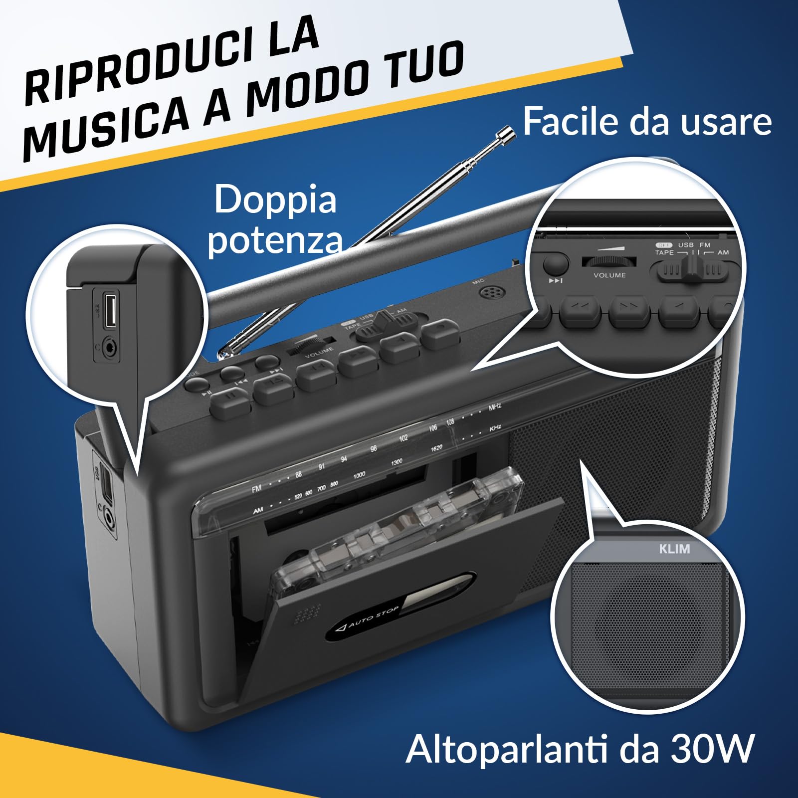 KLIM Lettore Cassette Audio Boombox Radio AM/FM Bluetooth Registratore a Cassette USB Altoparlante Portatile Retrò Nero