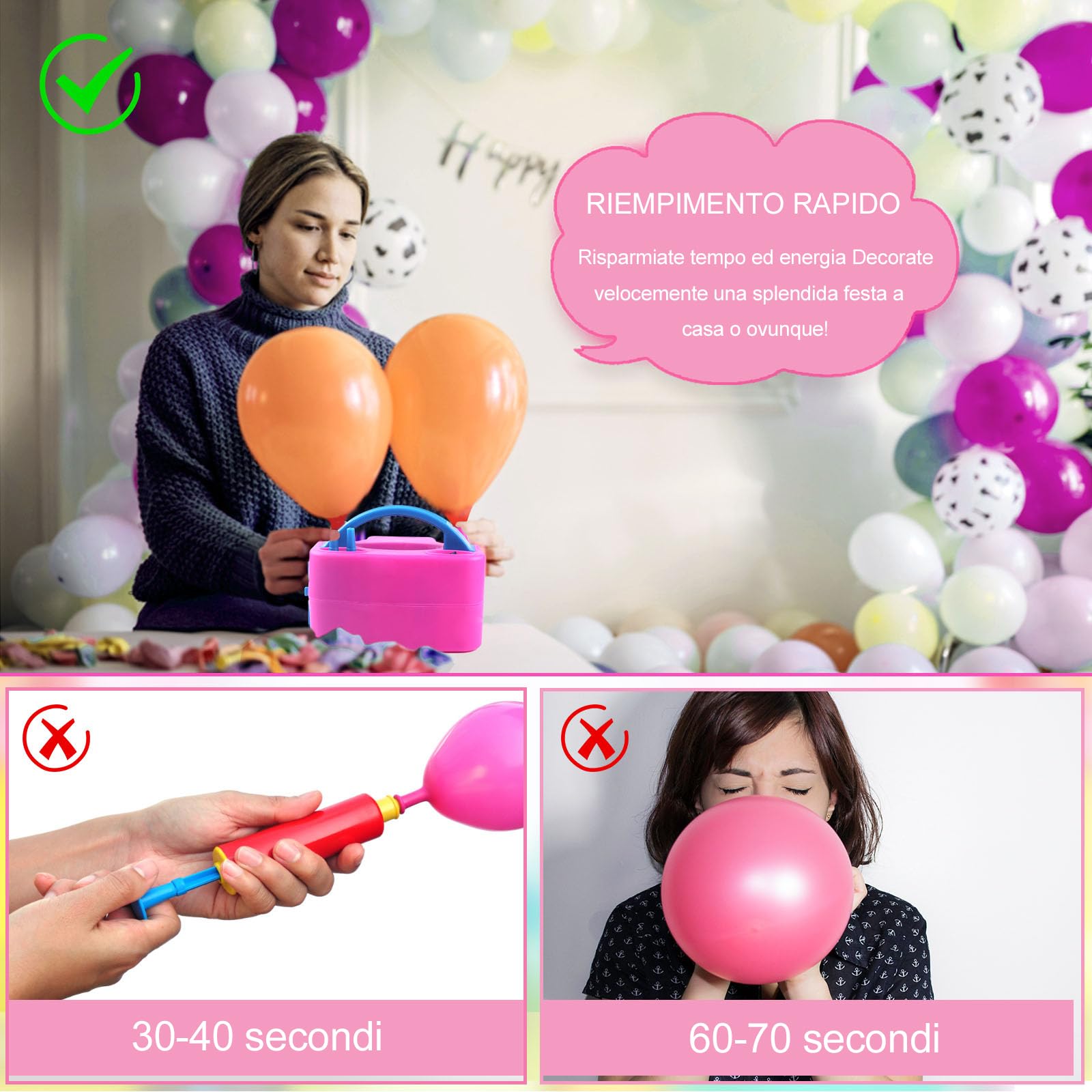 Pompa per Palloncini Elettrica, 220V 600W gonfiatore pompa per palloncini, Doppio ugello gonfiatore pompa portatile per feste, Matrimoni compleanno decorazione