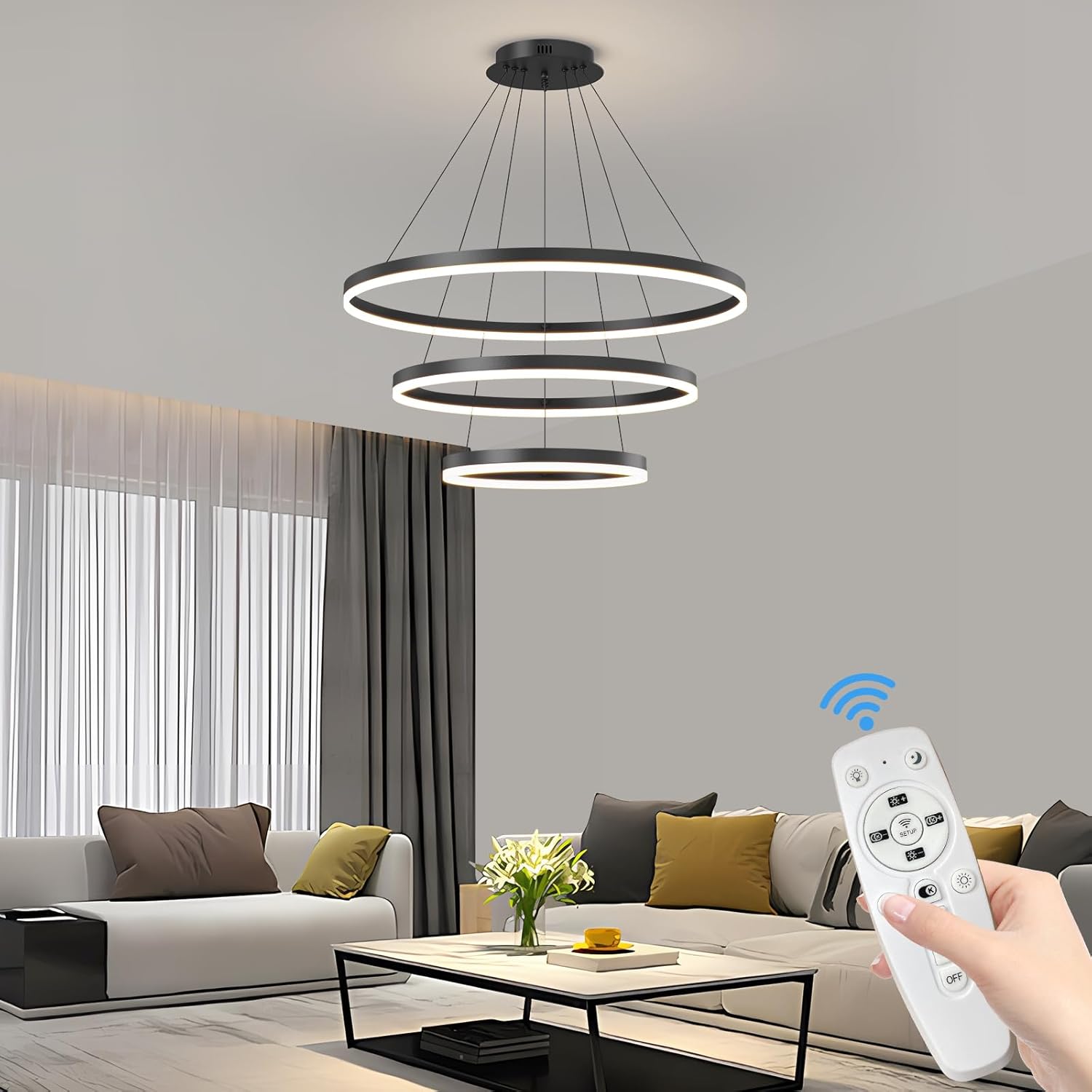 Black LED Modern Chandelier, 3 Ring Circular Dimmable Pendant Light for Kitchen Island, Living Room, Adjustable 3000K-6500K Ceiling Lamp, Above Dining Room Table Hanging Lights for Entryway Foyer