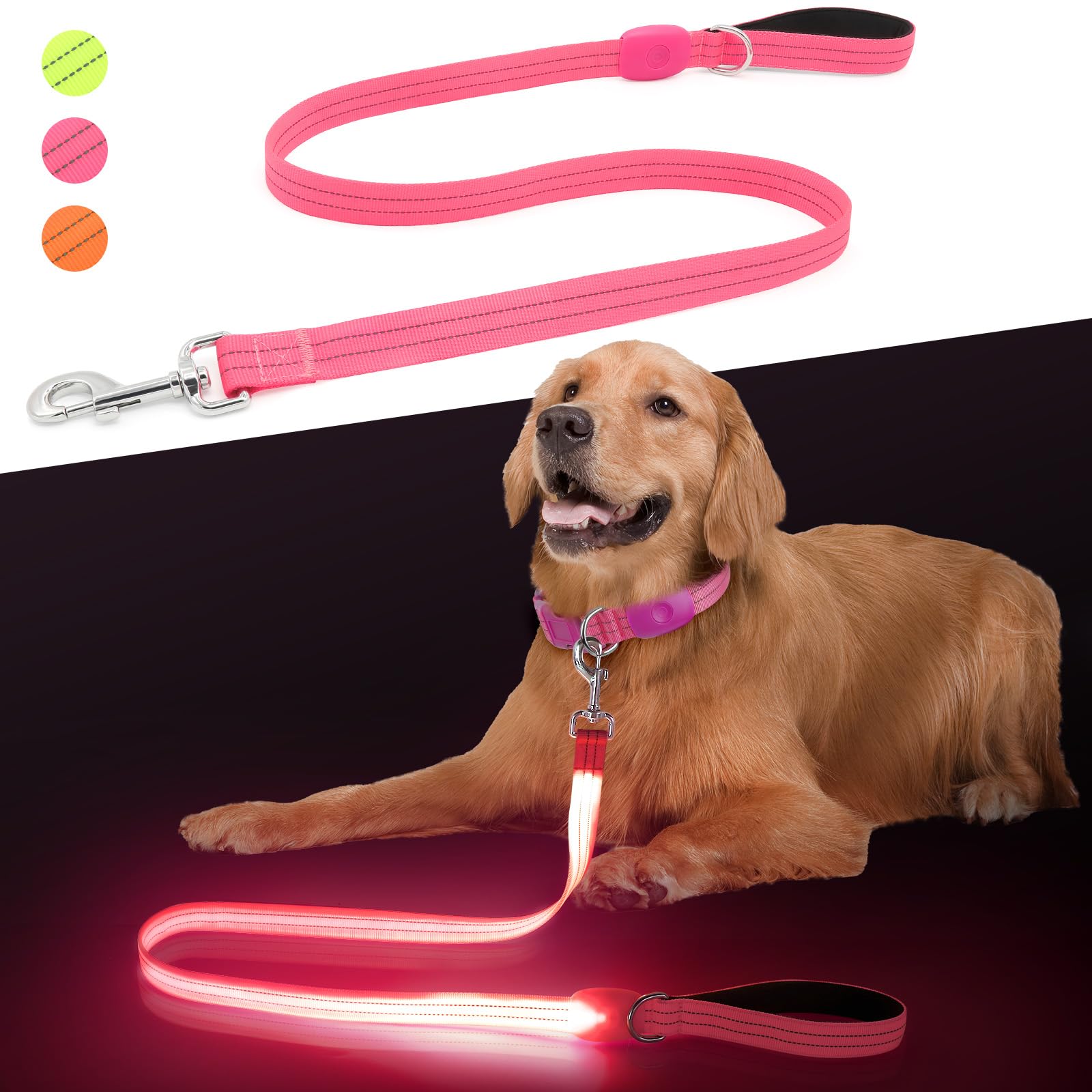 LED Dog Leash, Light Up Dog Leash 4 Ft USB Rechargeable Waterproof, Nylon Reflective Leashes with Padded Handle for Dogs Night Walking Light, Safety Glow in The Dark for Large Medium Pets (Pink)