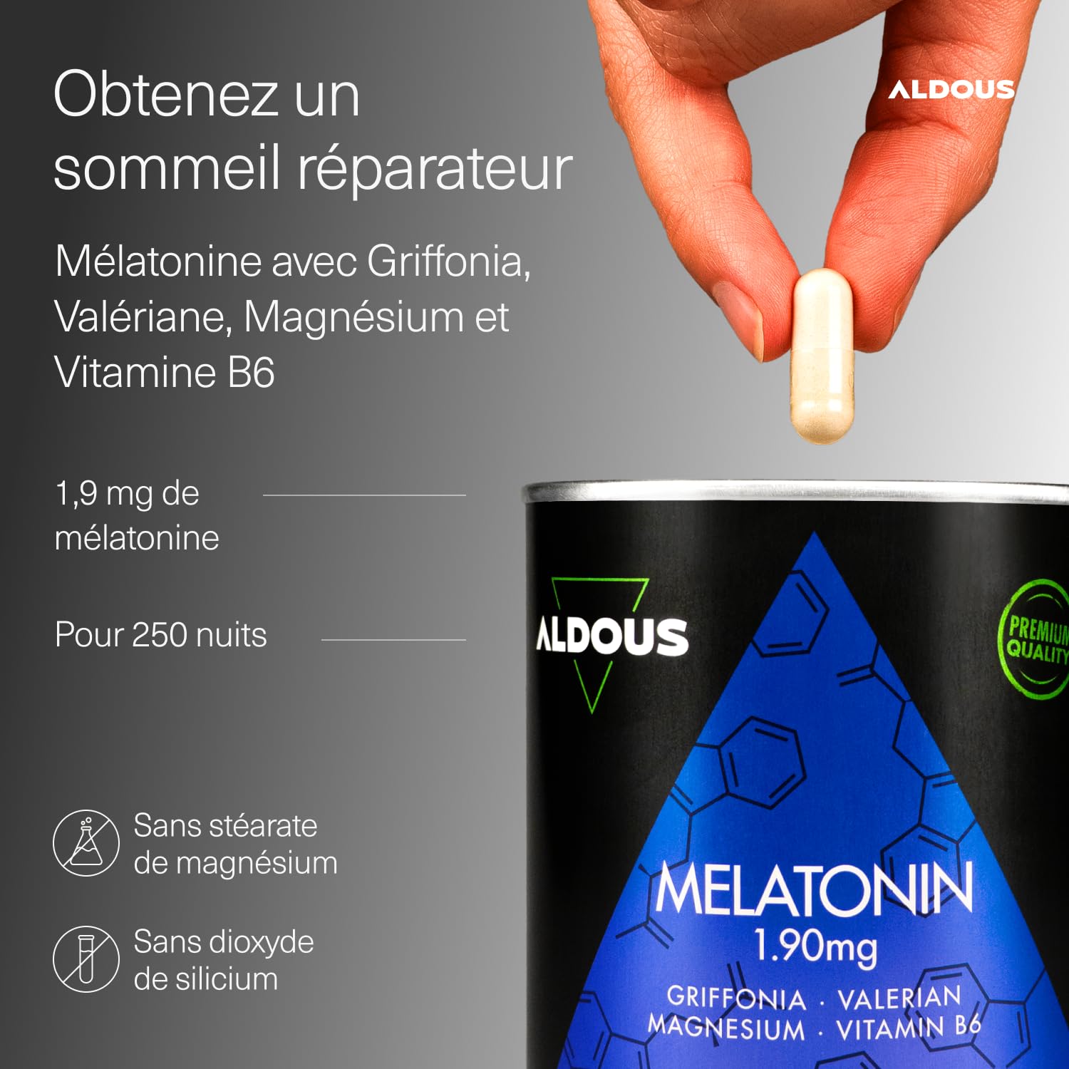 Melatonine 1,9 mg - 250 Gélules - 250 Nuits - 5HTP, Magnésium, Valériane, Vitamine B6 - Endormissement, Sommeil, Bien Dormir - Insomnie - Sans édulcorants ni OGM, sans plastique - ALDOUS