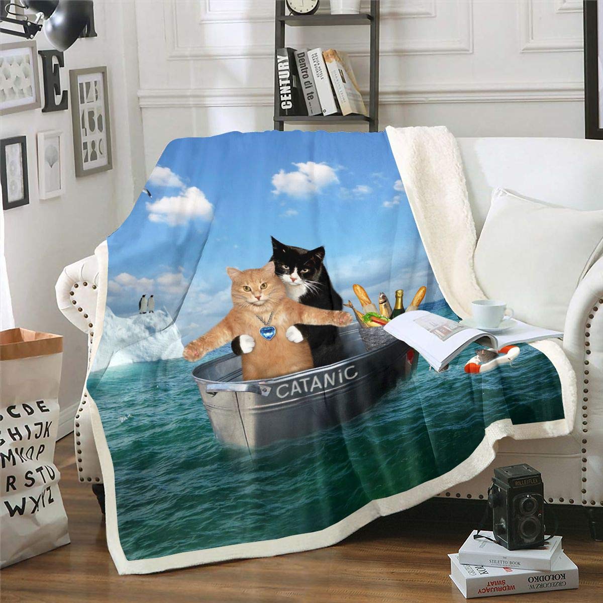 Zachte knusse sherpa fleece deken met kattenprint voor kinderen en Zachte knusse sherpa fleece deken met kattenprint voor kinderen en