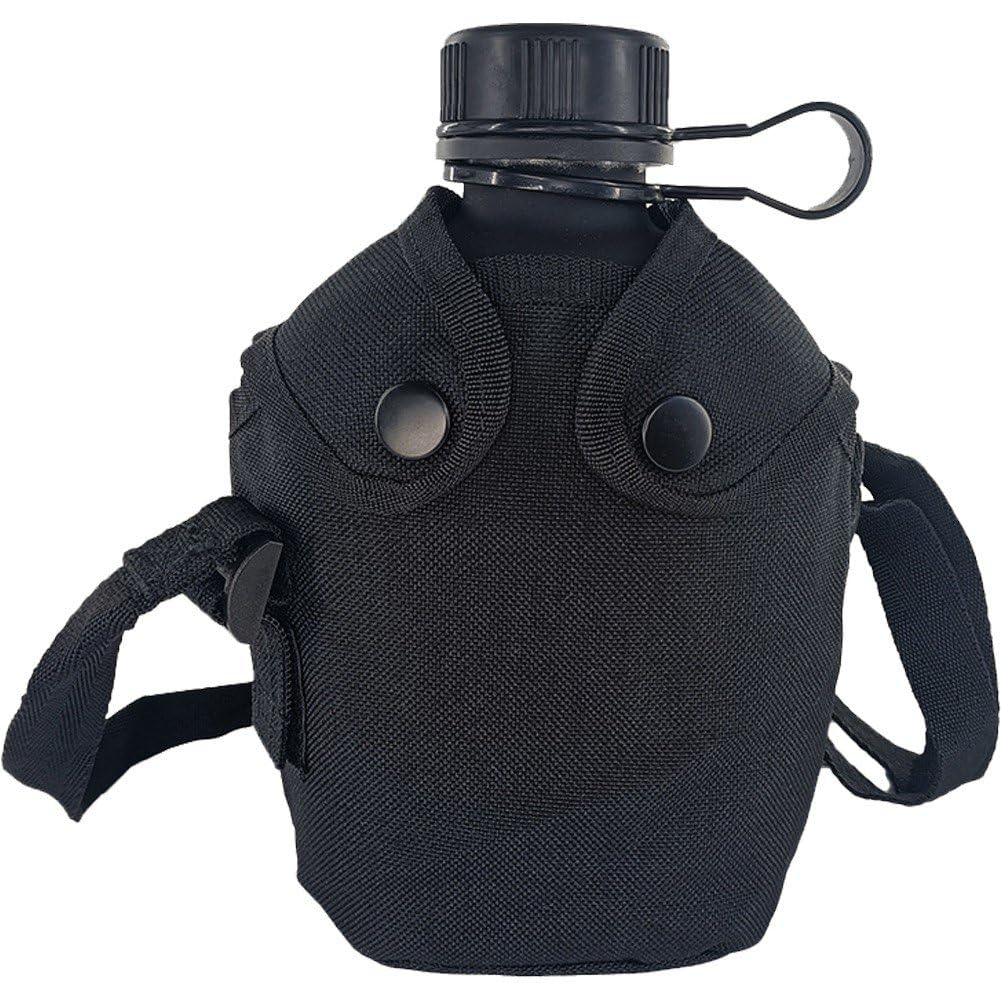 Fituenly Black Camping Canteen, Aluminum Military Canteen Water Bottle With Cover Bag For Outdoor Camping Hiking Backpacking Hunting
