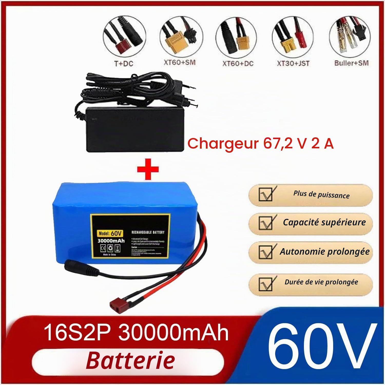 Batterie Trottinette Électrique 60V 30Ah Haute Puissance Batterie pour Scooter Vélo Électrique 16S2P Protection BMS avec Chargeur pour Kit Conversion 250W 500W 750W 1000W