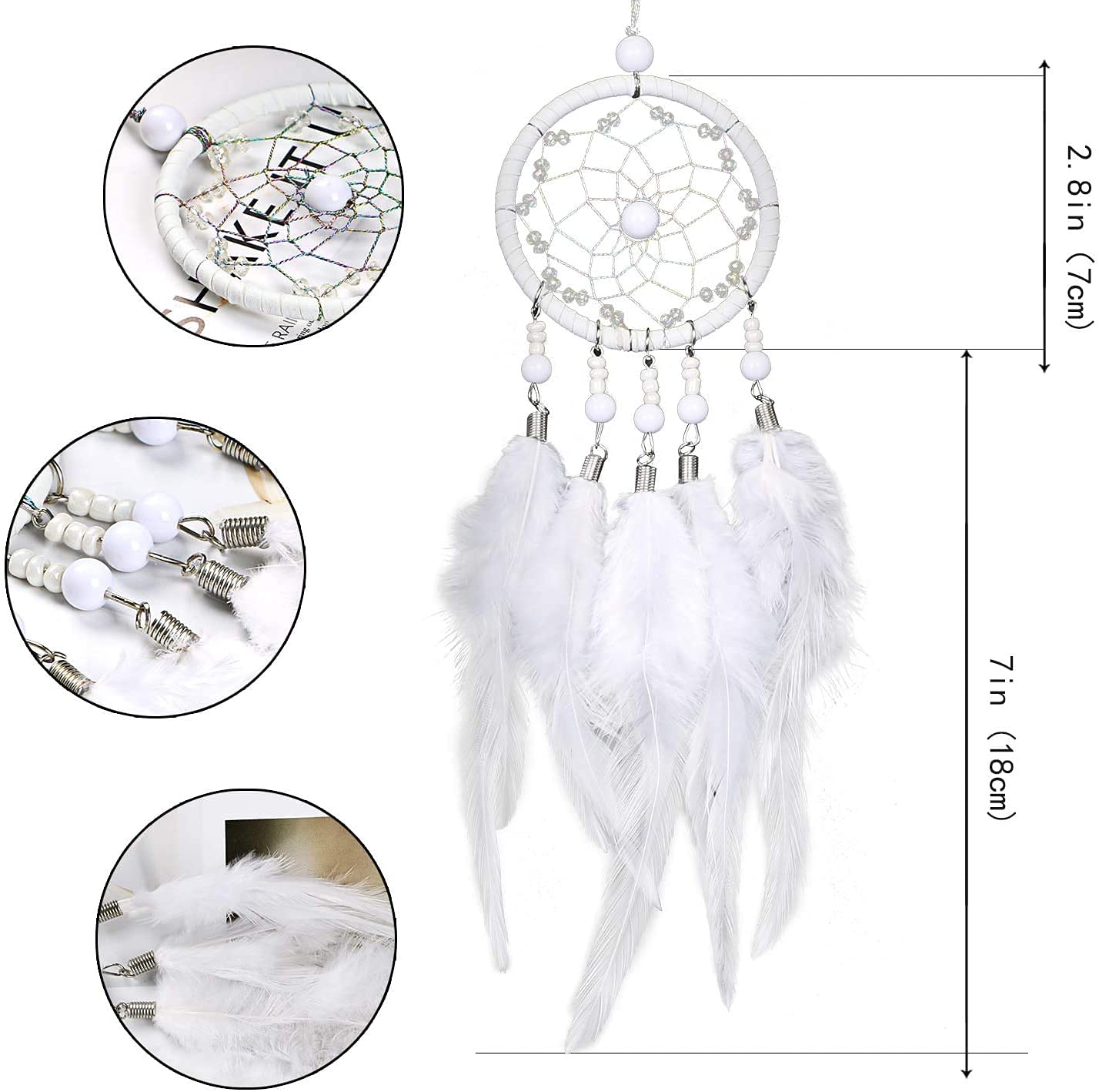 Dream Catcher Ręcznie Robiony Plume Ornament Samochodowy Lusterko Wsteczne Boho Dekoracja Okno Zawieszony Prezent (Blanche)