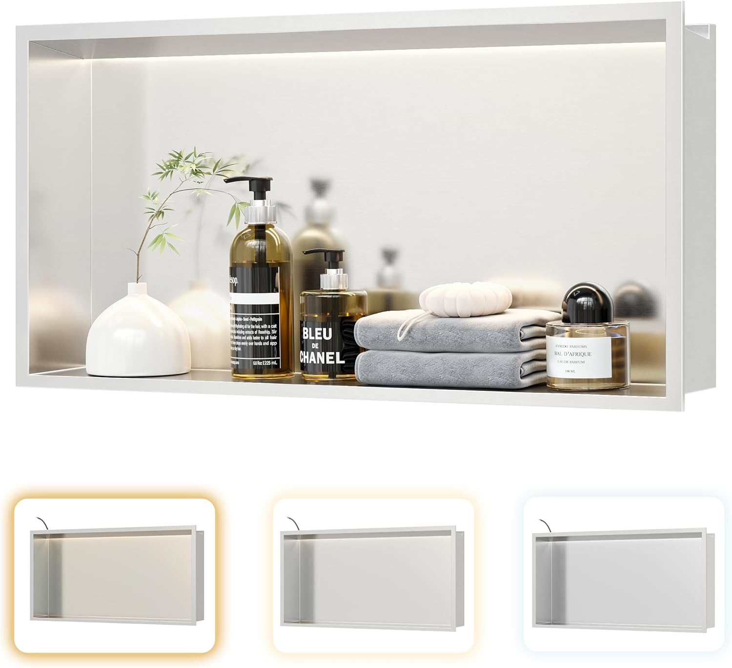 Stainless Steel Shower Niche 24" X 12", No Tile Needed Wall Niche with 3 Selectable Color Temperatures Led Light, Recessed Shower Shelf for Bathroom Storage Over Mount Installation, Brushed Nickel Brushed Nickel 24" X 12"