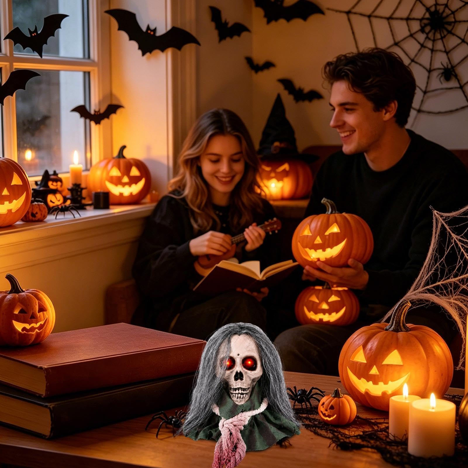 Halloween Dekoracje Czaszka Z Świecącymi Oczami Ruchoma Aktywowana
